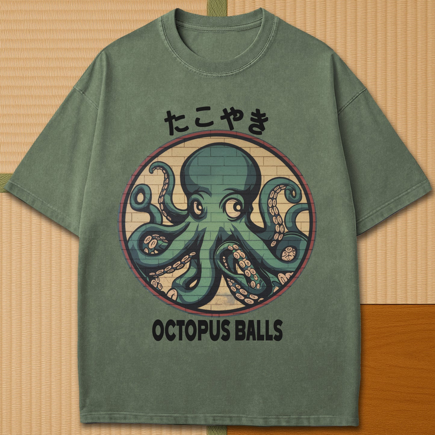 Japanese-inspired cotton Octopus Balls T-Shirt in Moss on Comfort Colors 1717, styled in a modern flatlay scene.