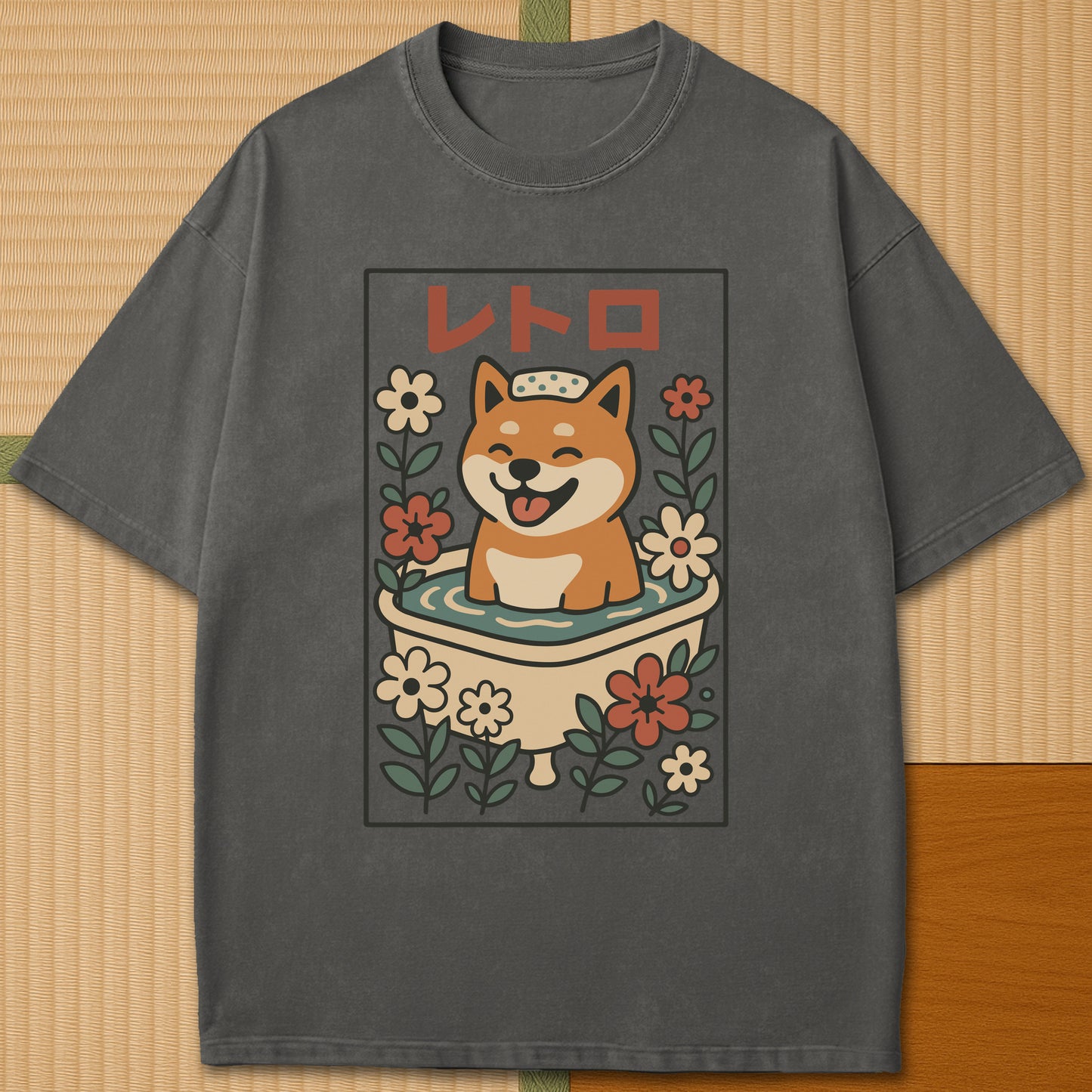 Japanese-inspired cotton Shiba Bath Time Bliss T-Shirt in Pepper on Comfort Colors 1717, styled in a modern flatlay scene.