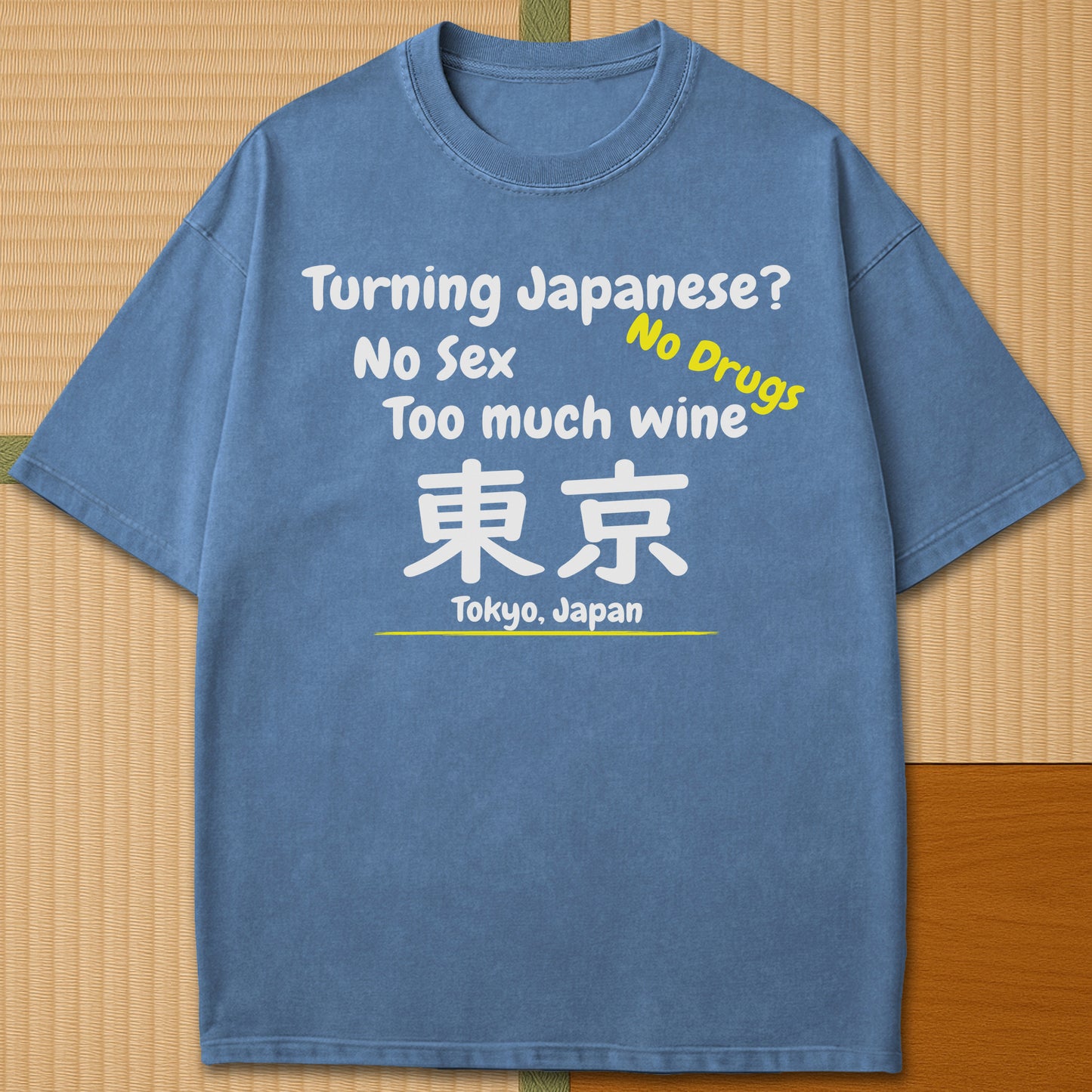 Japanese-inspired cotton Turning Japanese T-Shirt in Blue Jean on Comfort Colors 1717, styled in a modern flatlay scene.