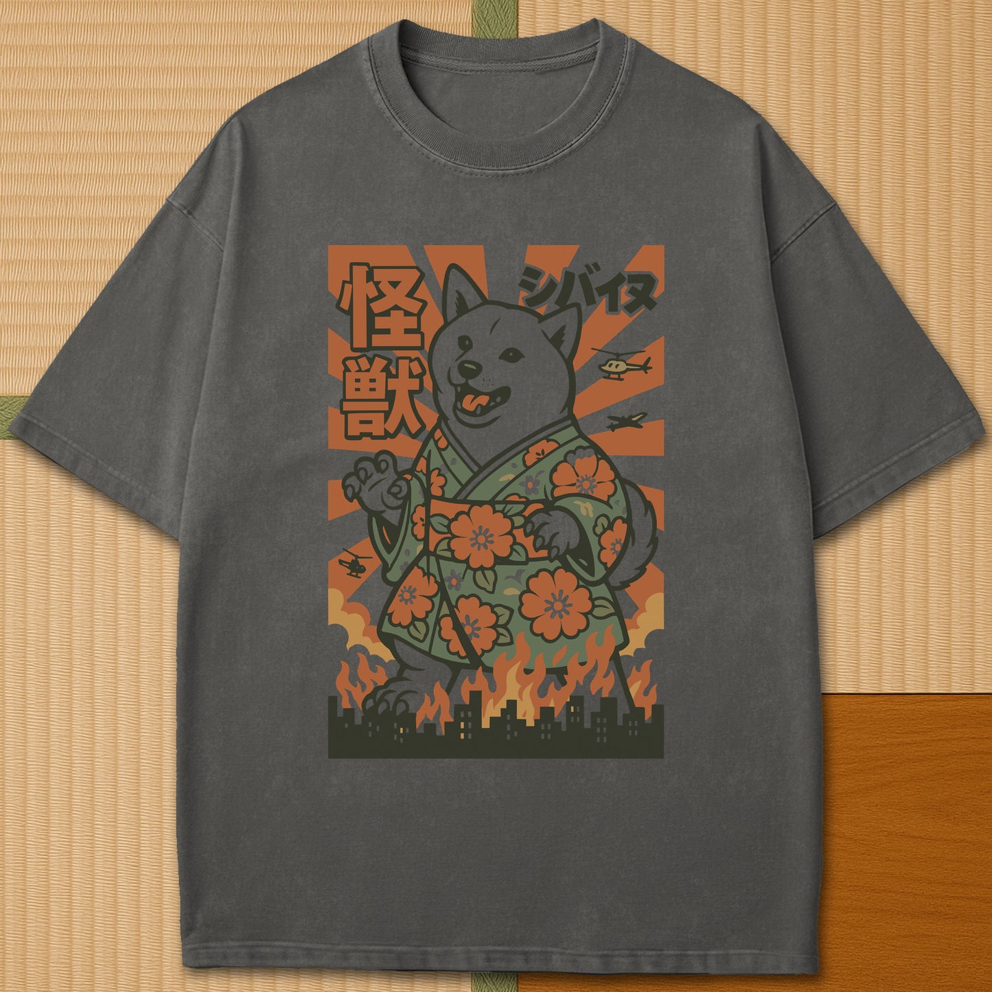 Japanese-inspired cotton Kimono Kaiju Shiba T-Shirt in Pepper on Comfort Colors 1717, styled in a modern flatlay scene.