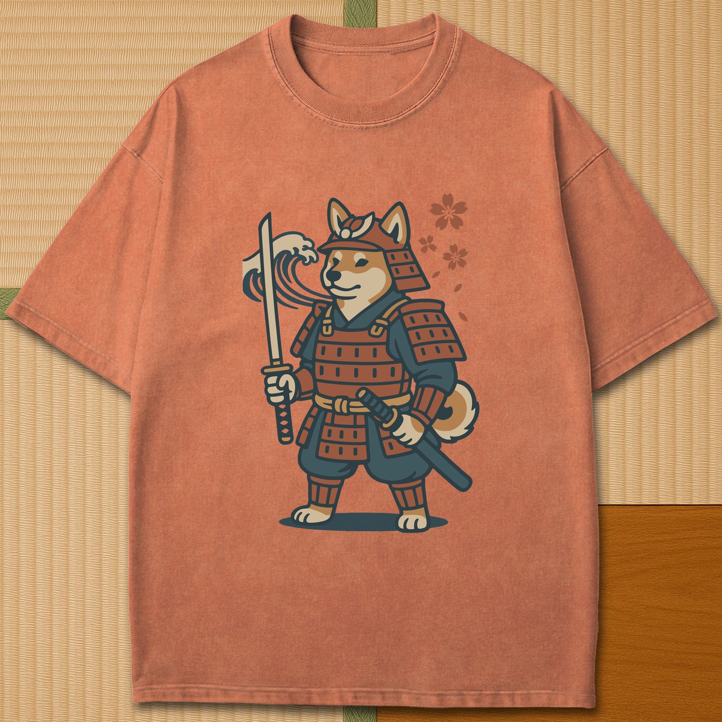 Japanese-inspired cotton Samurai Shiba Spirit T-Shirt in Yam on Comfort Colors 1717, styled in a modern flatlay scene.