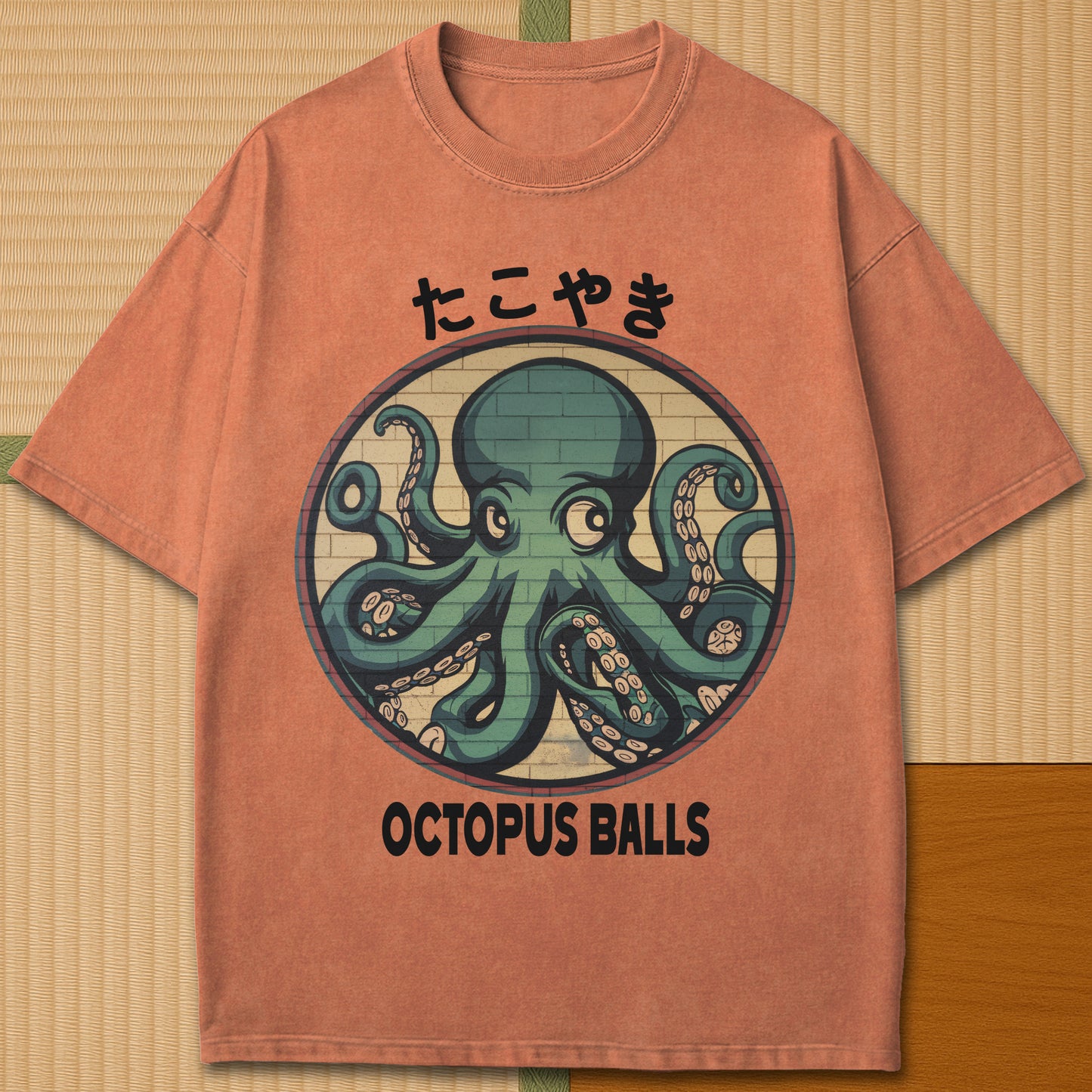 Japanese-inspired cotton Octopus Balls T-Shirt in Yam on Comfort Colors 1717, styled in a modern flatlay scene.