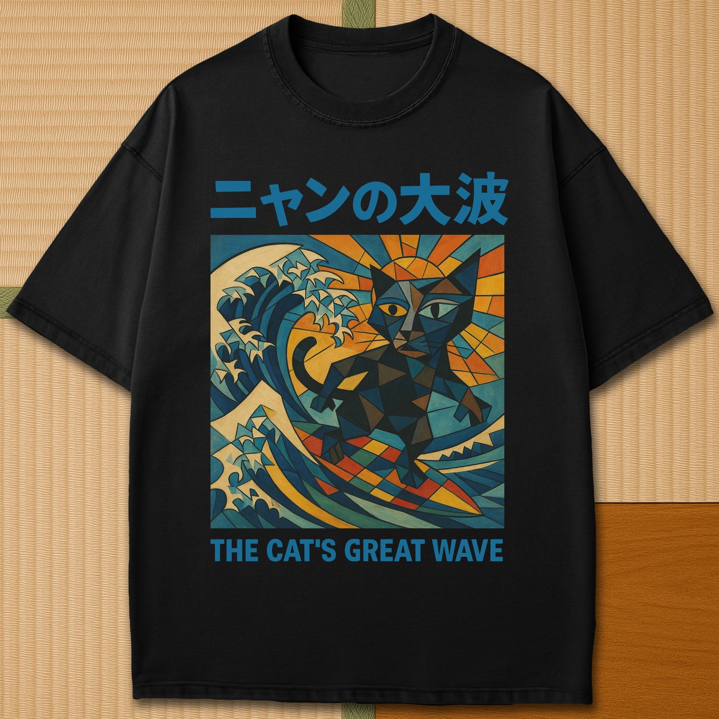 Japanese-inspired cotton Nyan No Oonami The Great Wave T-Shirt in Black on Comfort Colors 1717, styled in a modern flatlay scene.
