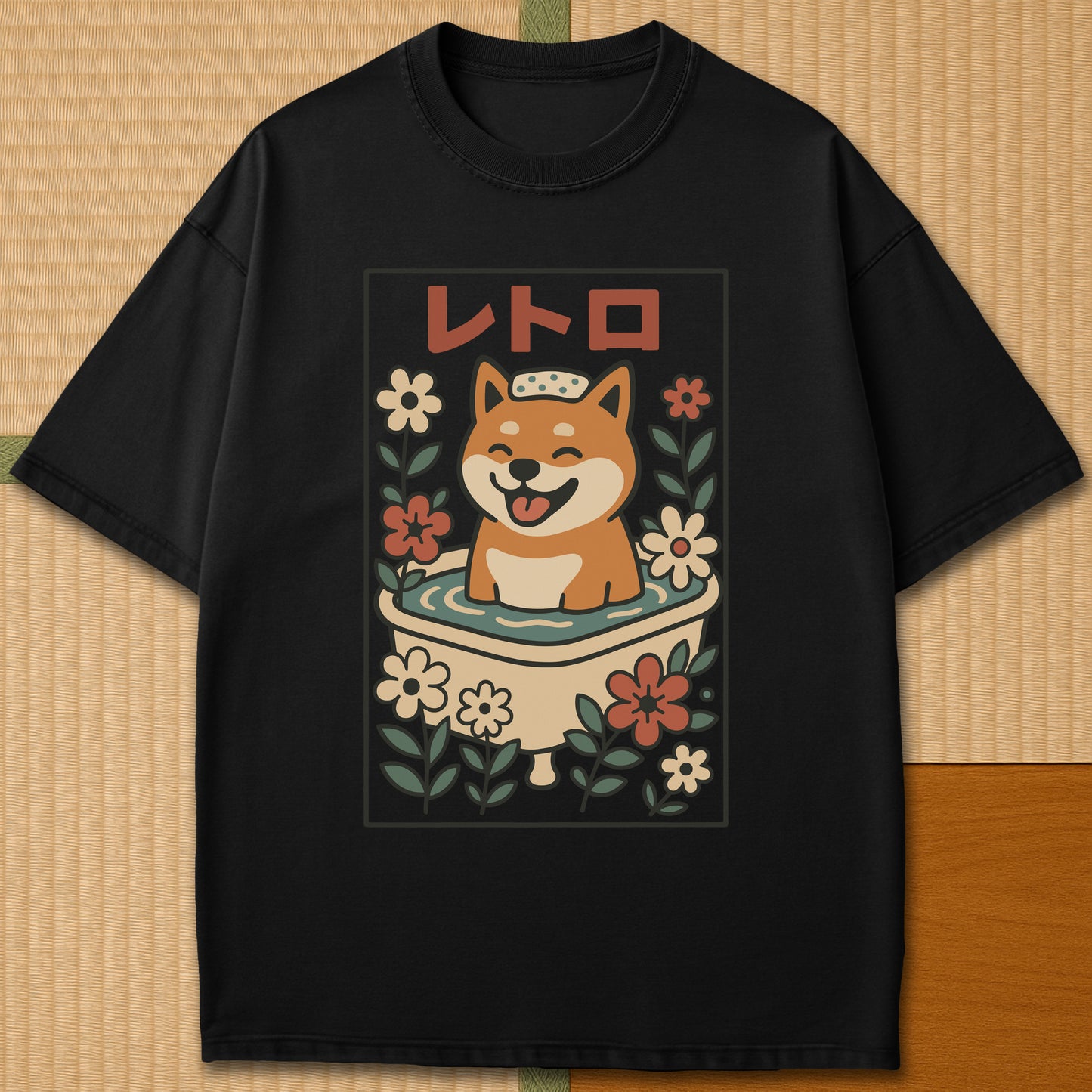 Japanese-inspired cotton Shiba Bath Time Bliss T-Shirt in Black on Comfort Colors 1717, styled in a modern flatlay scene.
