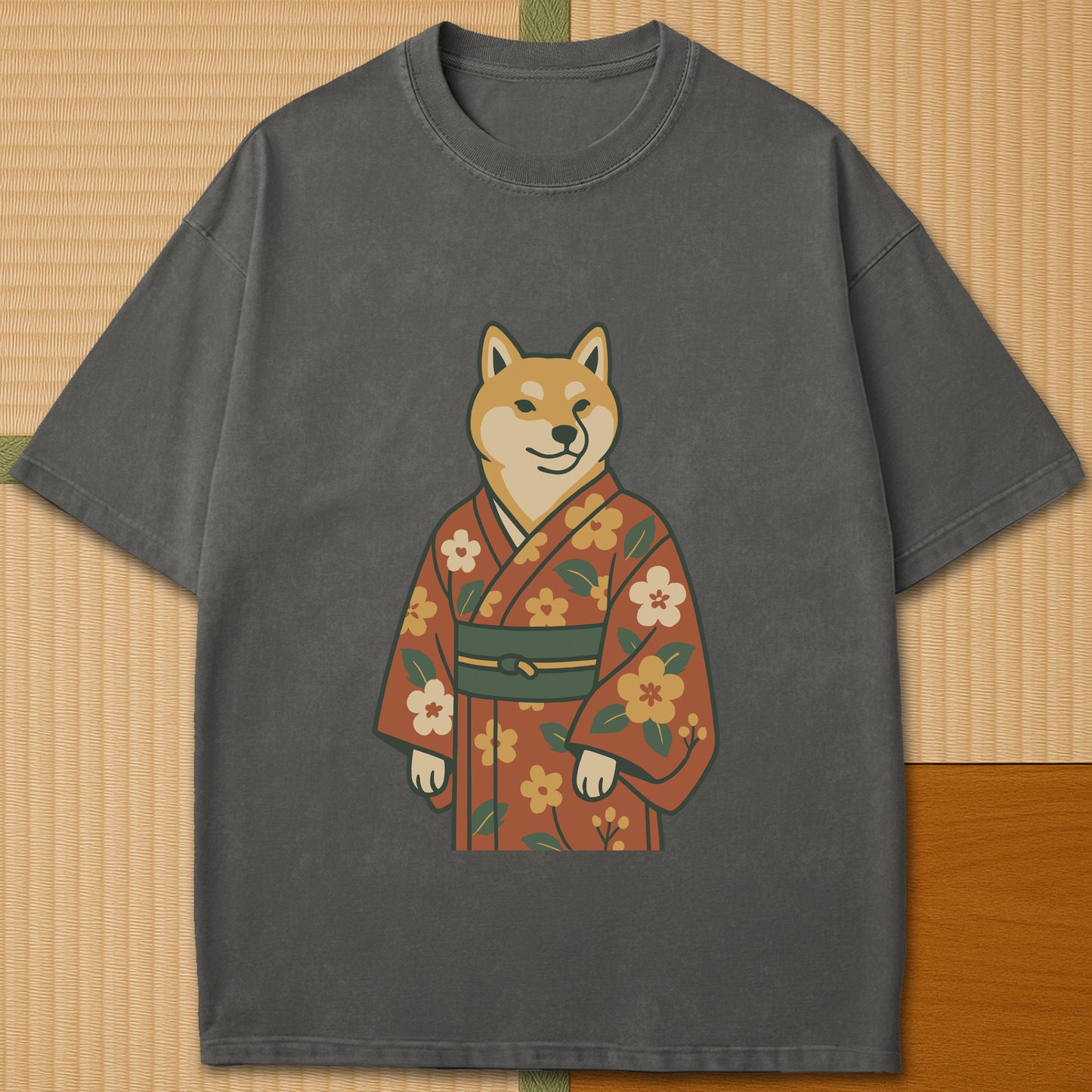 Japanese-inspired cotton Nihon Spirit Shiba T-Shirt in Pepper on Comfort Colors 1717, styled in a modern flatlay scene.