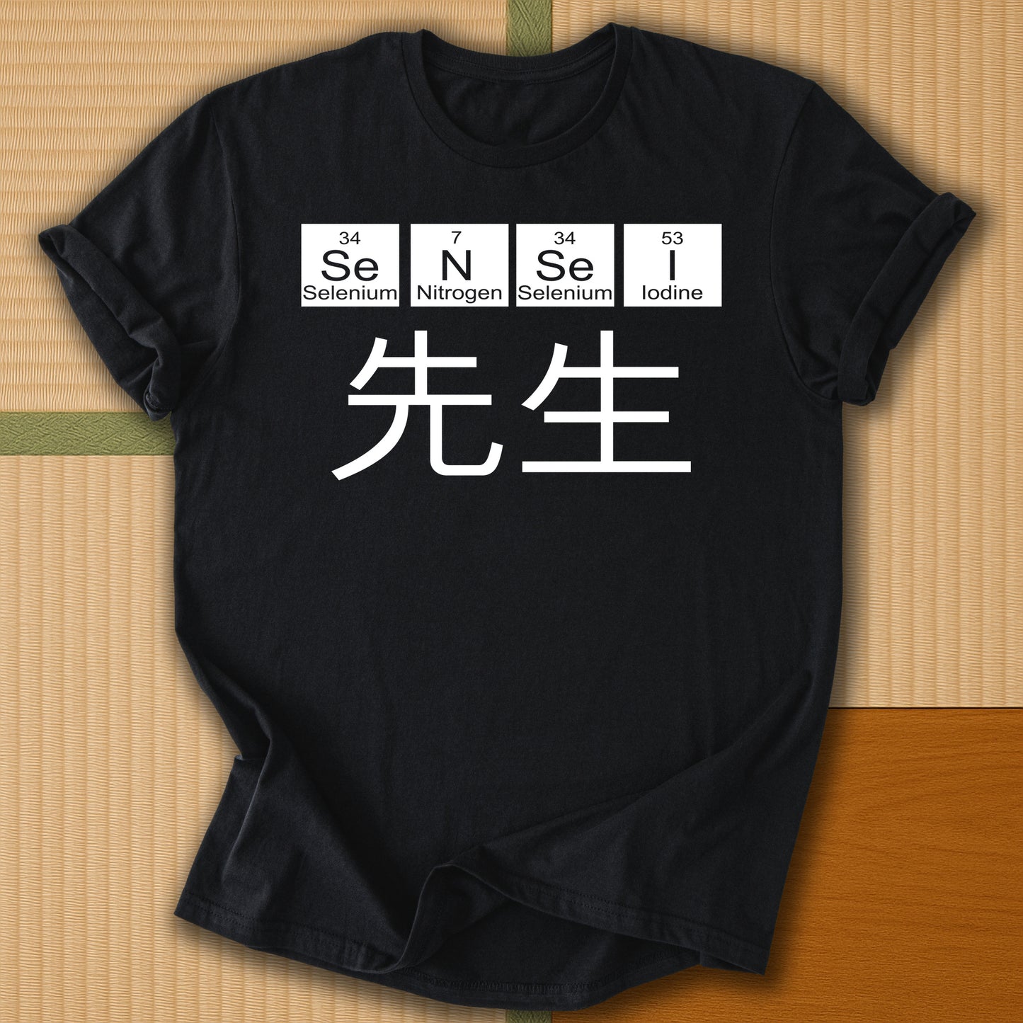 Japanese-inspired cotton Sensei Periodic Table T-Shirt in Black on Gildan 64000, styled in a modern flatlay scene