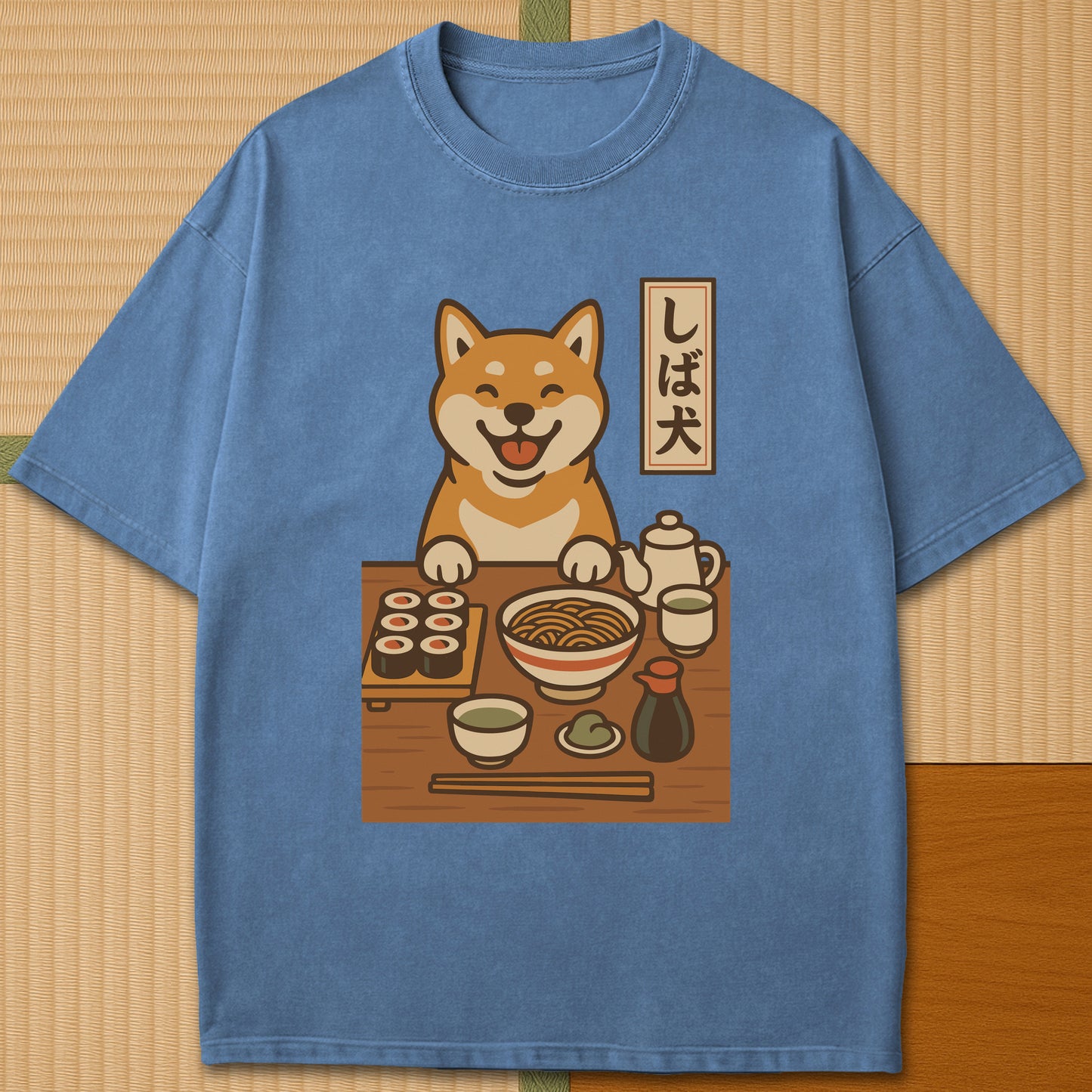 Japanese-inspired cotton Shiba Inu Happy Meal T-Shirt in Blue Jean on Comfort Colors 1717, styled in a modern flatlay scene.