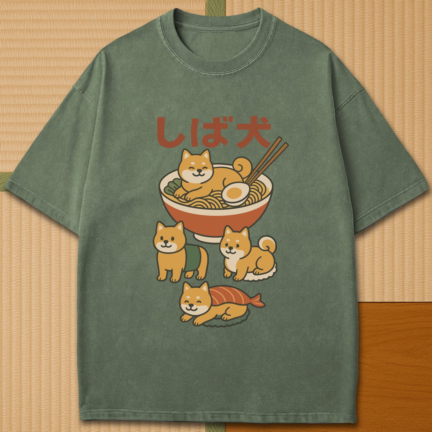 Japanese-inspired cotton Shiba Sushi Ramen Dreams T-Shirt in Moss on Comfort Colors 1717, styled in a modern flatlay scene.