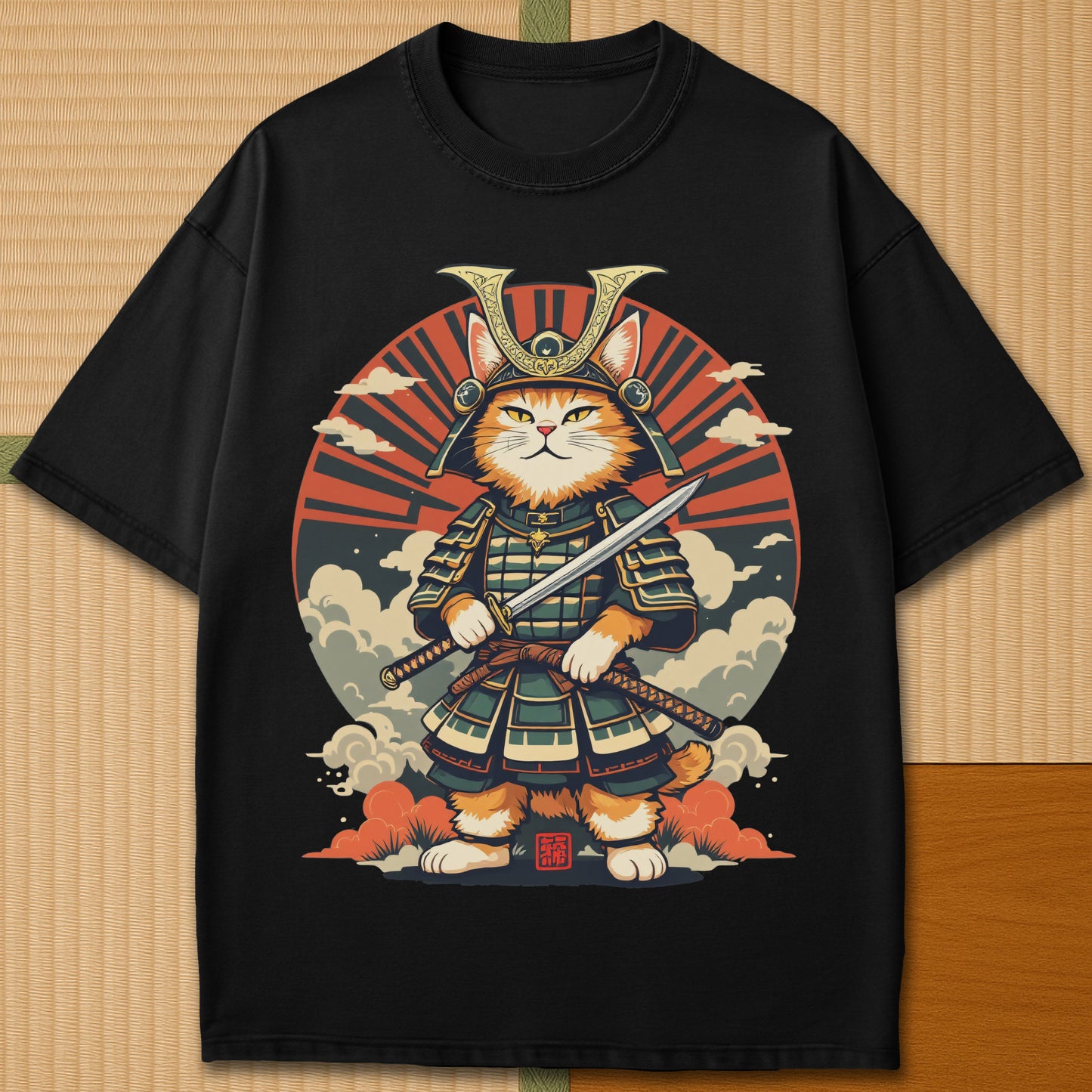 Japanese-inspired cotton Handsome Cat Samurai T-Shirt in Black on Comfort Colors 1717, styled in a modern flatlay scene.