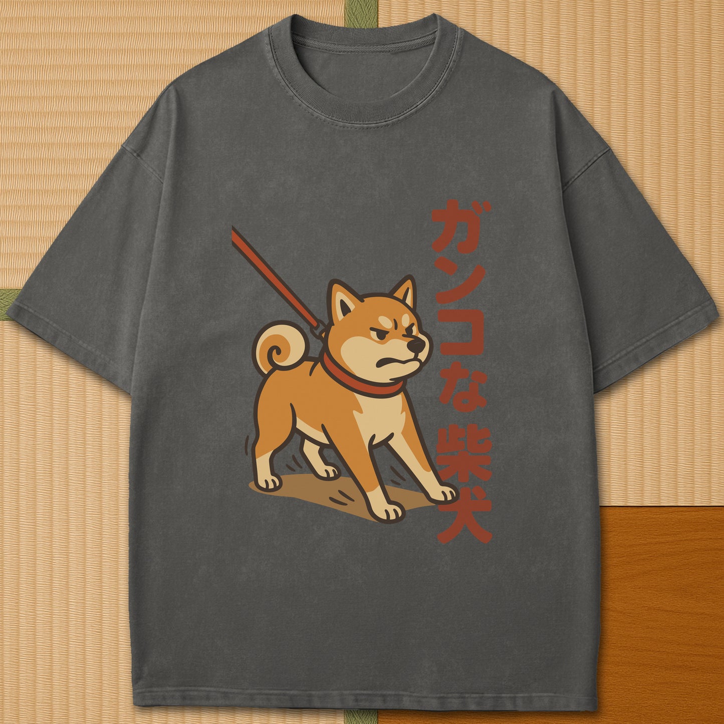 Japanese-inspired cotton Stubborn Shiba T-Shirt in Pepper on Comfort Colors 1717, styled in a modern flatlay scene.
