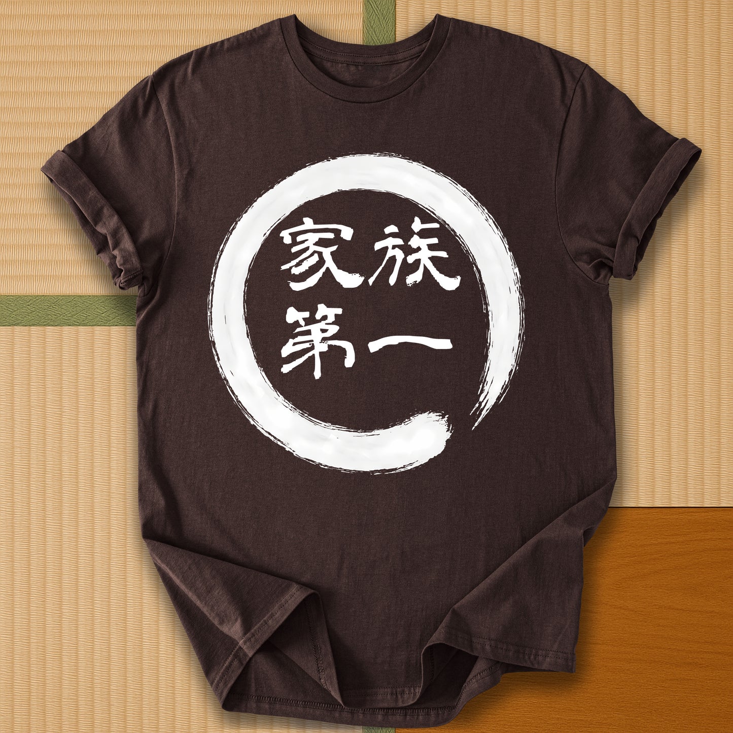 Japanese-inspired cotton Family First in Japanese T-Shirt in Dark Chocolate on Gildan 64000, styled in a modern flatlay scene
