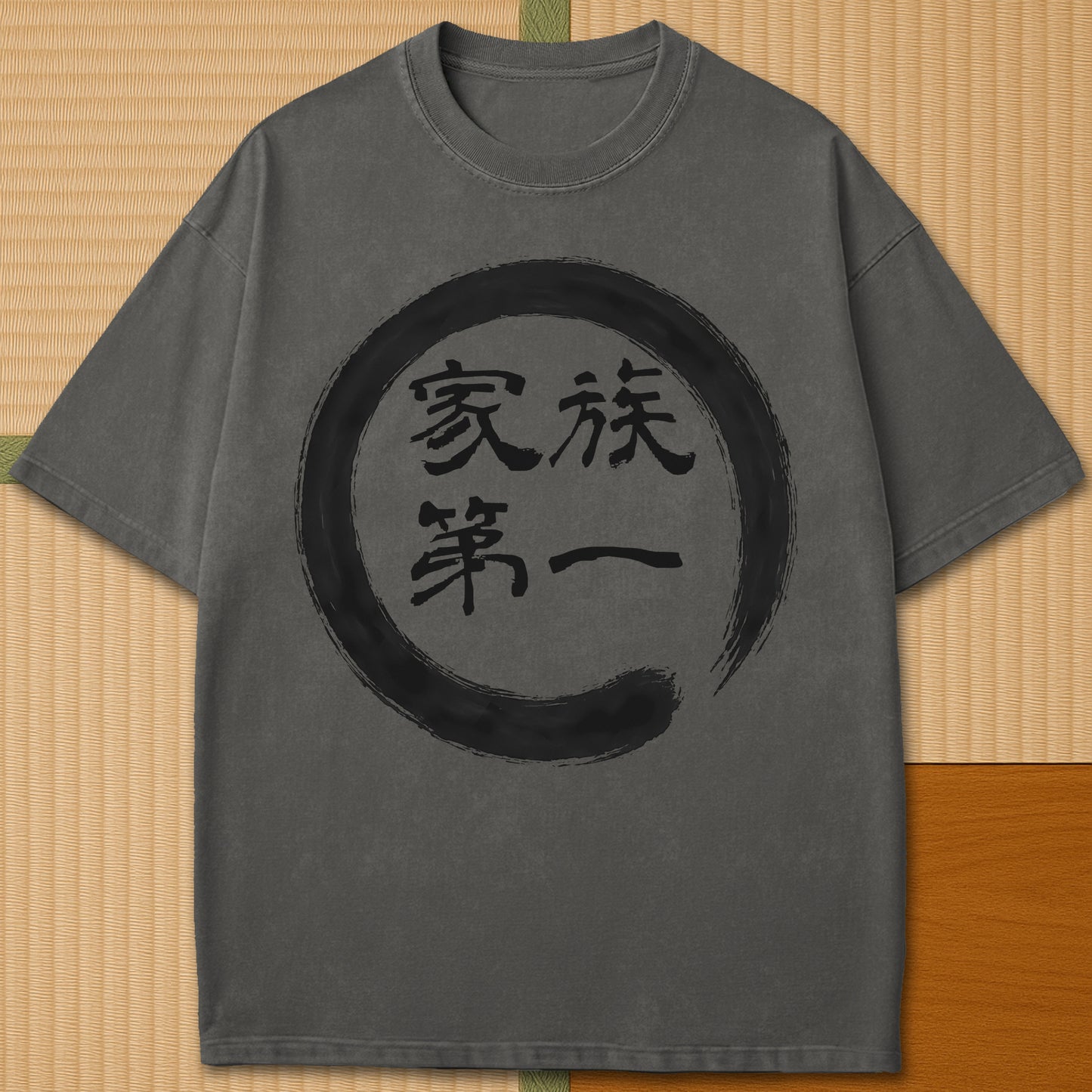 Japanese-inspired cotton Family First In Japanese T-Shirt in Pepper on Comfort Colors 1717, styled in a modern flatlay scene.