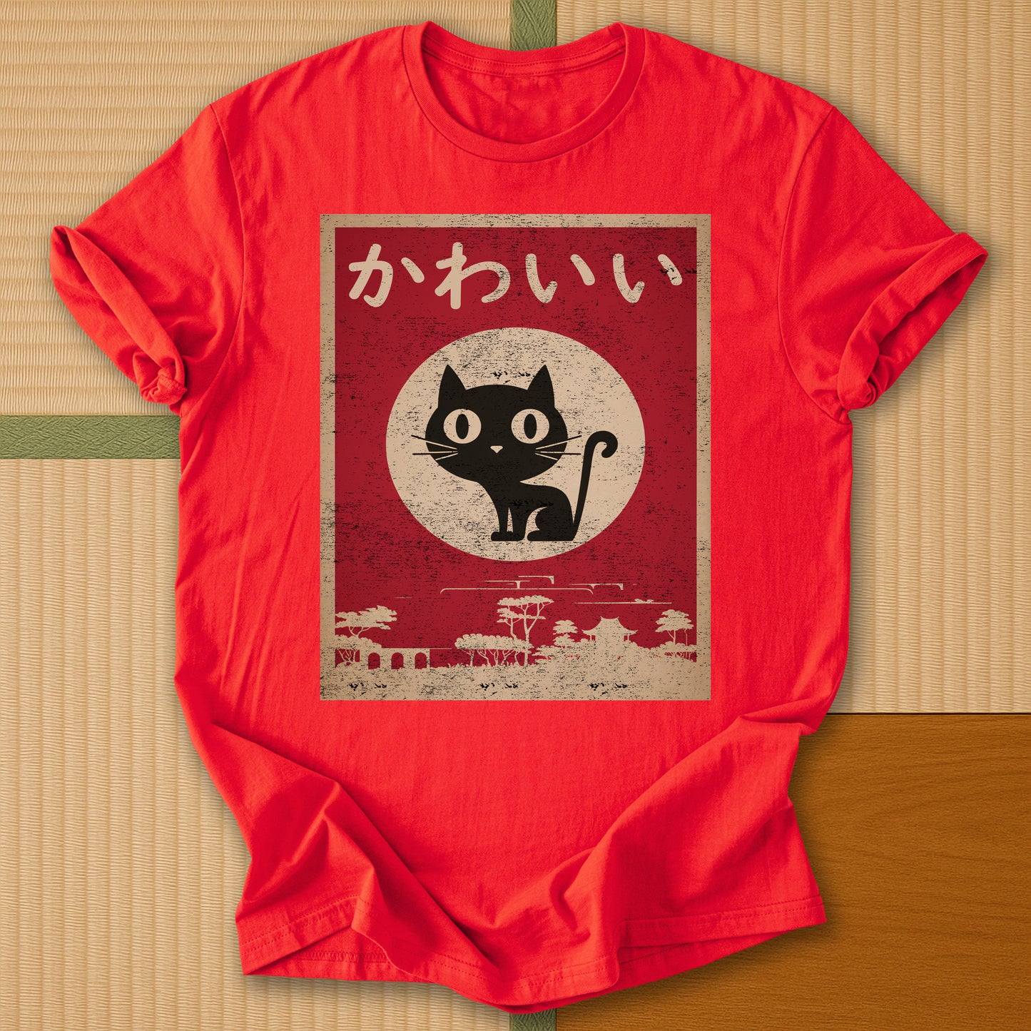 Japanese-inspired cotton Kawaii Cat T-Shirt in Red on Gildan 64000, styled in a modern flatlay scene