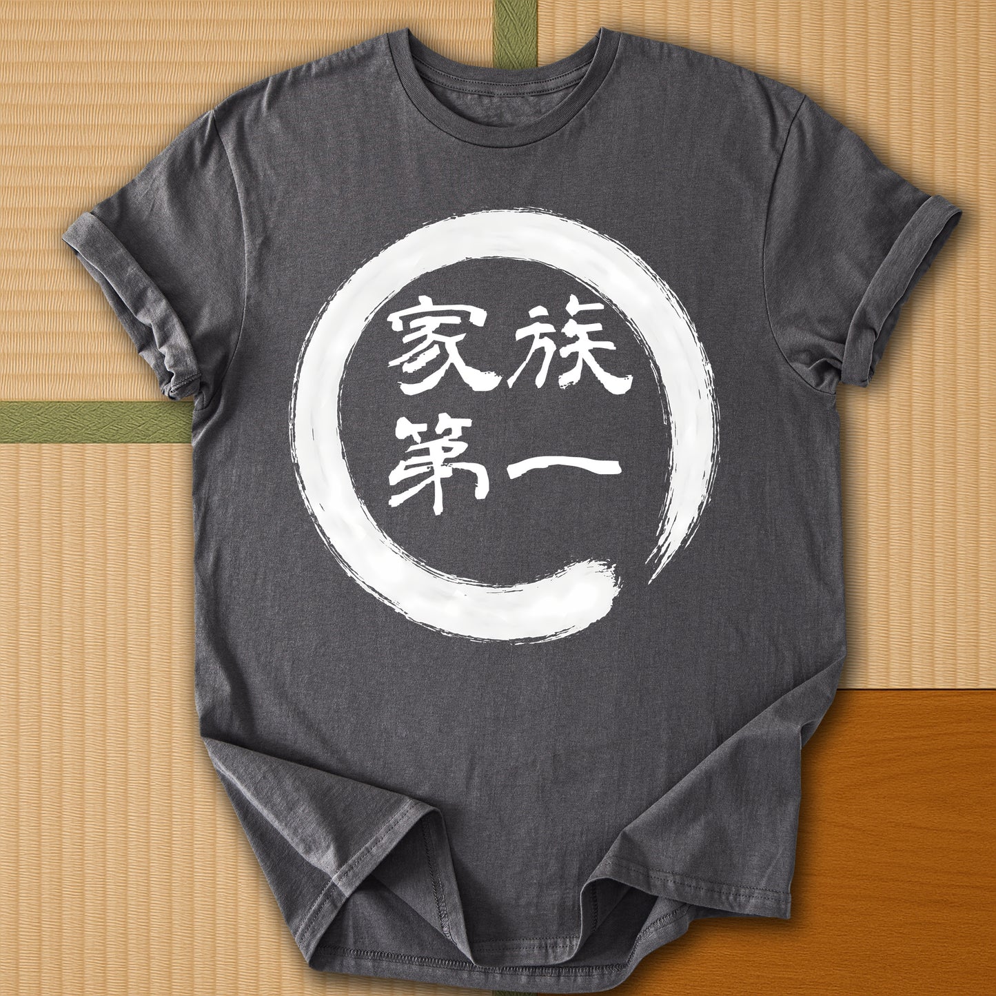 Japanese-inspired cotton Family First in Japanese T-Shirt in Charcoal on Gildan 64000, styled in a modern flatlay scene