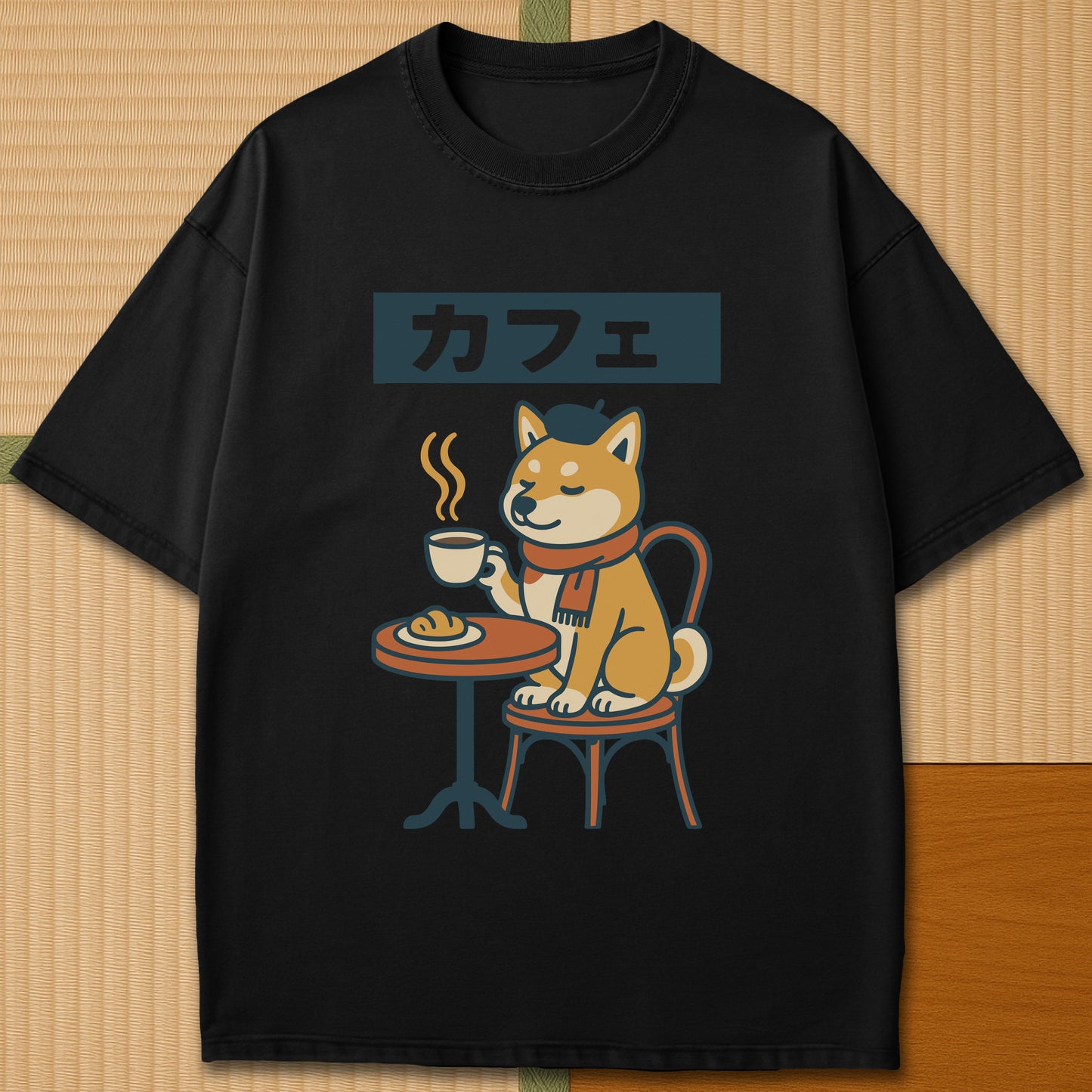 Japanese-inspired cotton Shiba Cafe Time T-Shirt in Black on Comfort Colors 1717, styled in a modern flatlay scene.