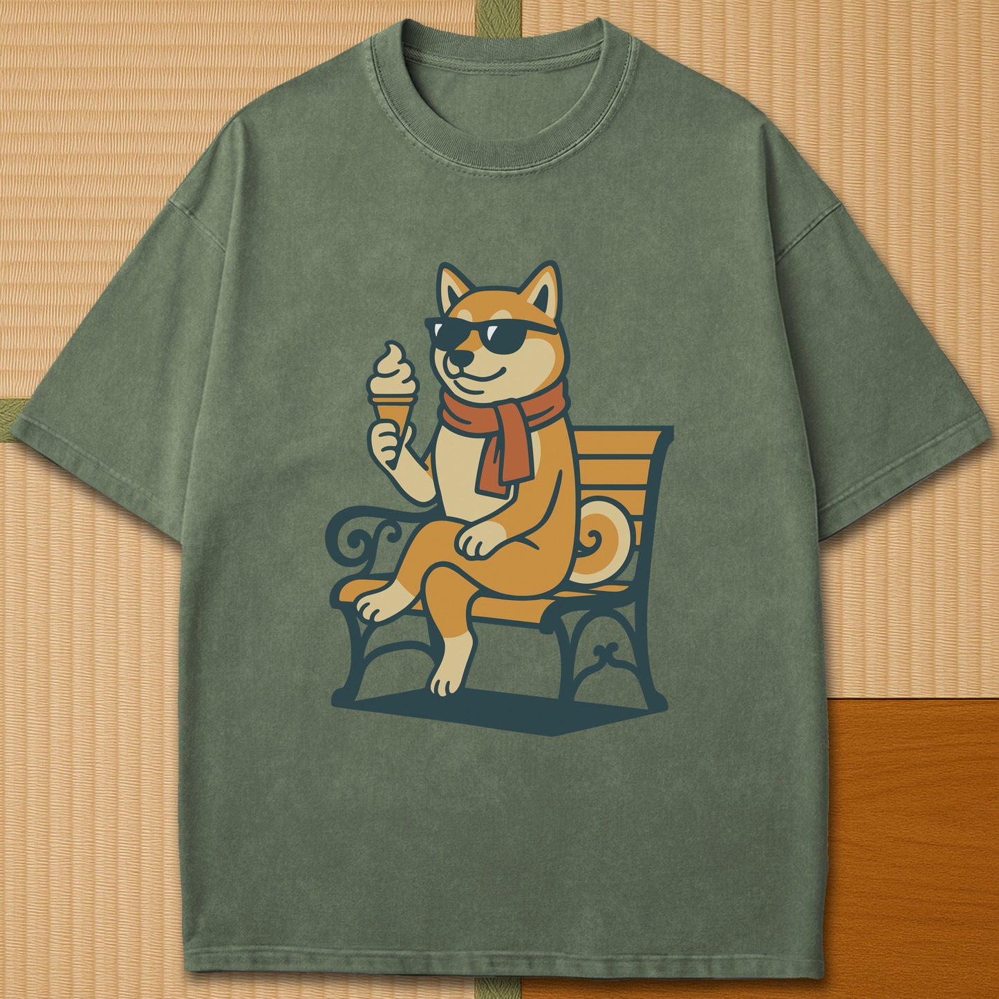 Japanese-inspired cotton Cool Shiba Summer T-Shirt in Moss on Comfort Colors 1717, styled in a modern flatlay scene.