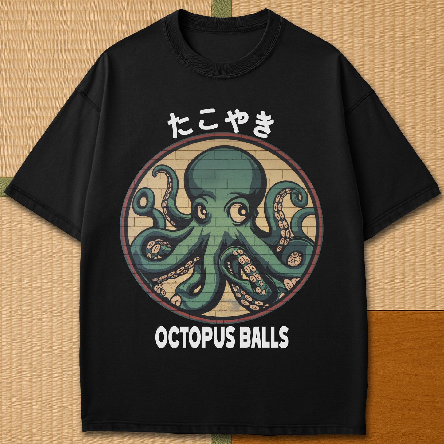 Japanese-inspired cotton Octopus Balls T-Shirt in Black on Comfort Colors 1717, styled in a modern flatlay scene.