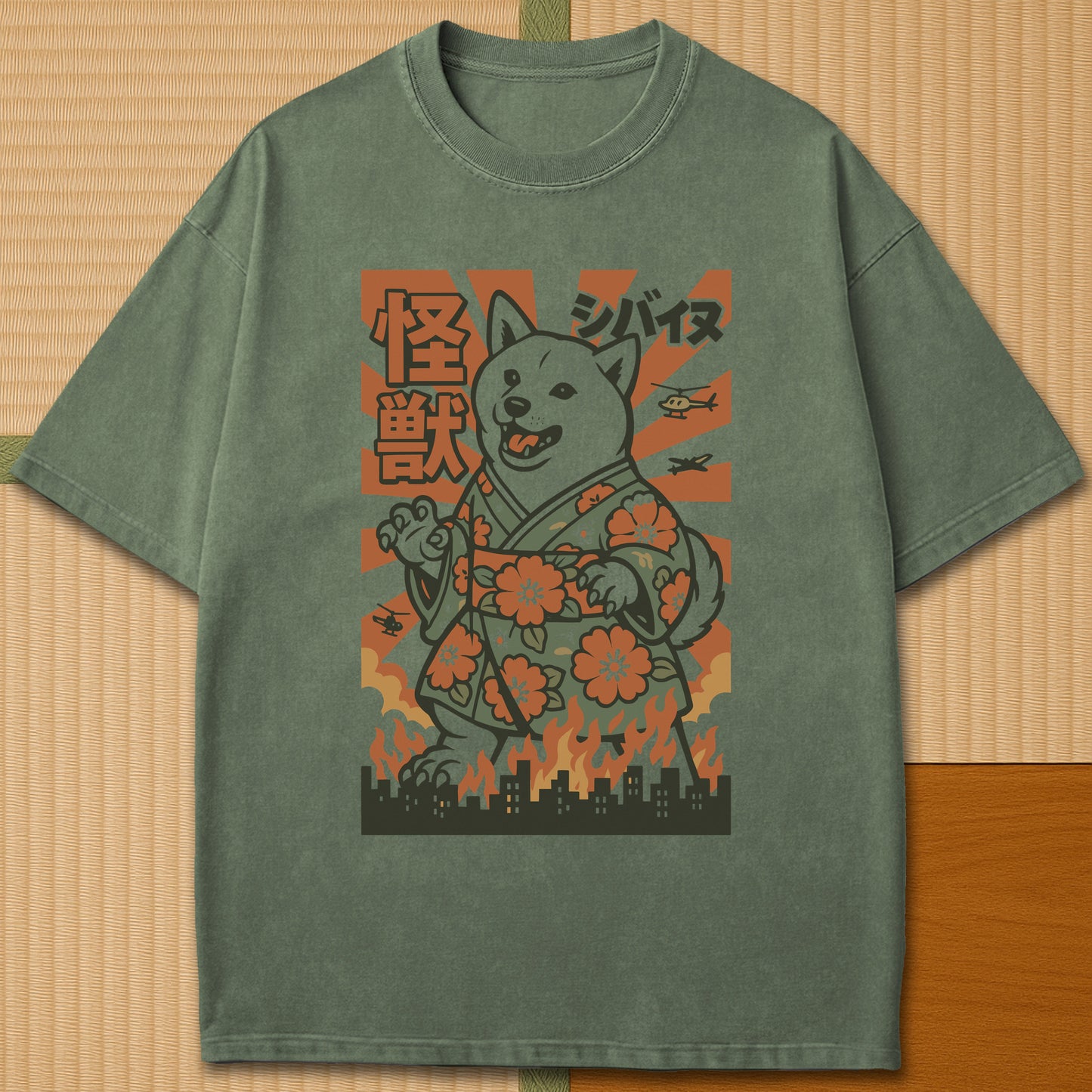 Japanese-inspired cotton Kimono Kaiju Shiba T-Shirt in Moss on Comfort Colors 1717, styled in a modern flatlay scene.