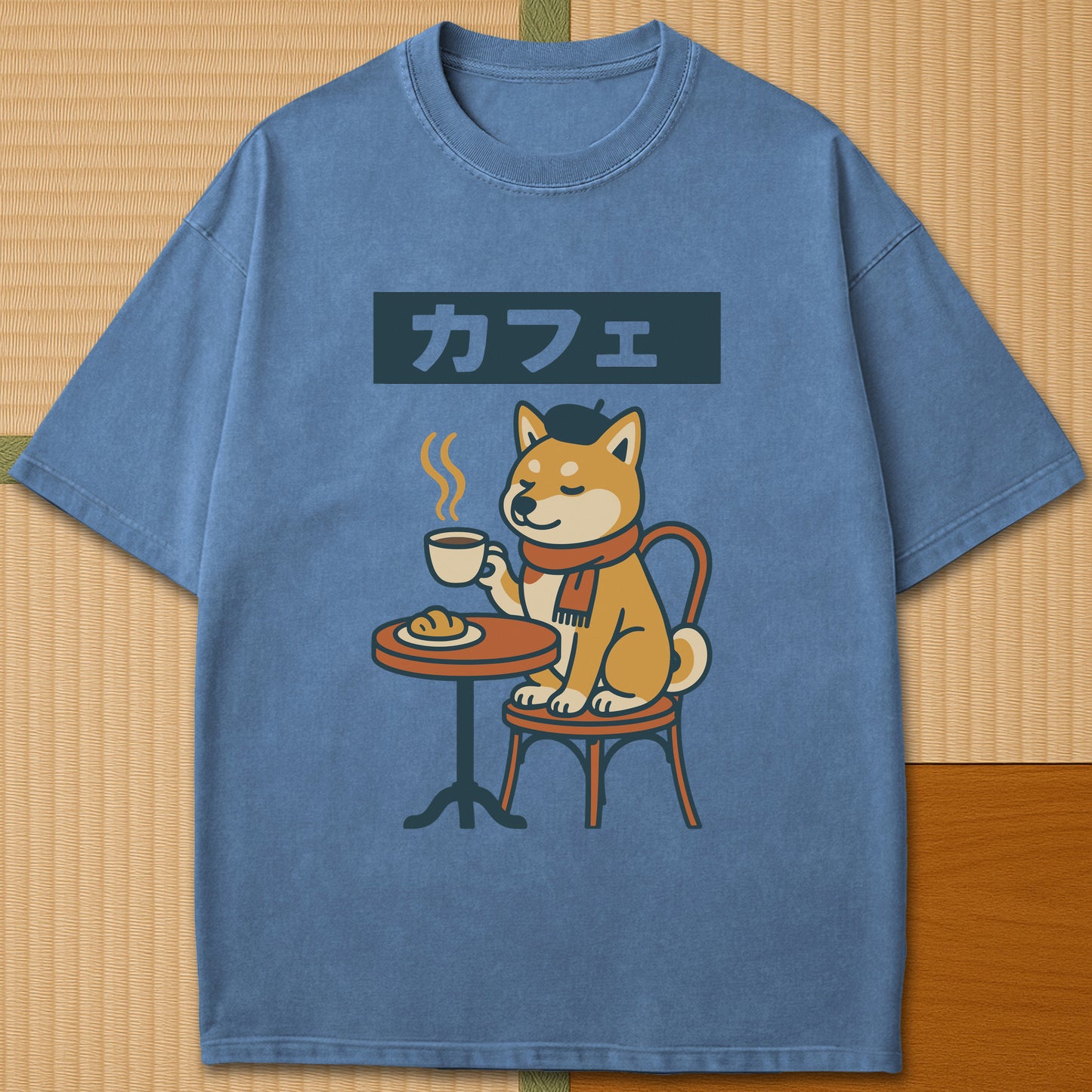 Japanese-inspired cotton Shiba Cafe Time T-Shirt in Blue Jean on Comfort Colors 1717, styled in a modern flatlay scene.