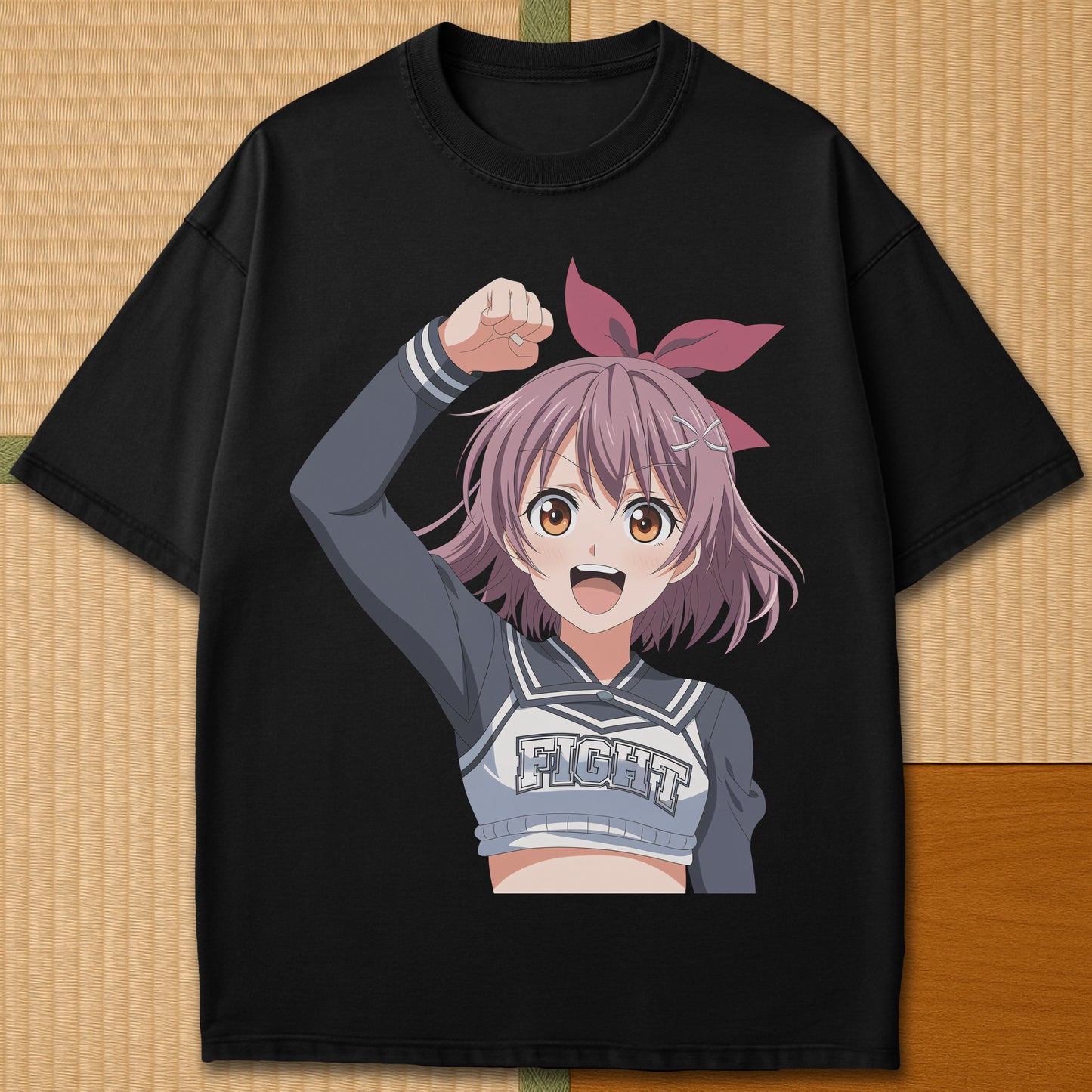 Japanese-inspired cotton Anime Cheerleader T-Shirt in Black on Comfort Colors 1717, styled in a modern flatlay scene.