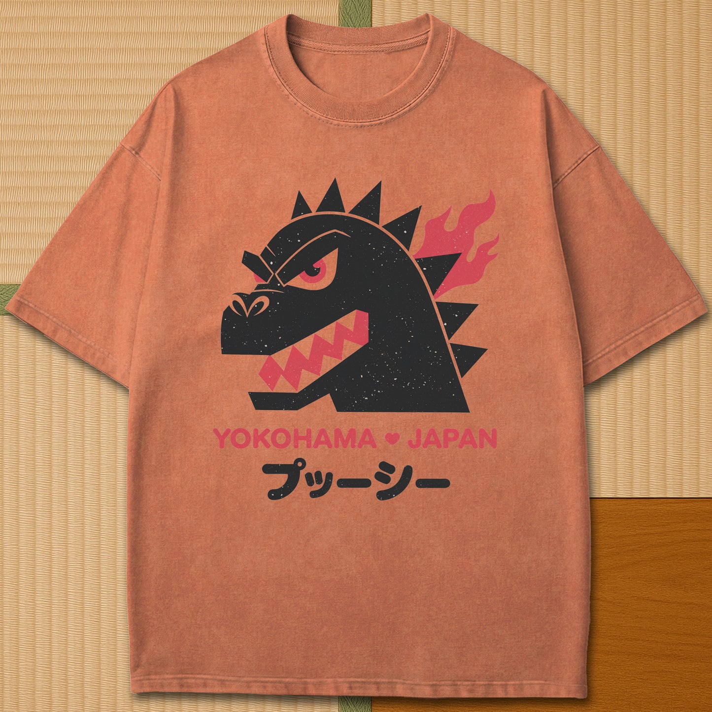Japanese-inspired cotton Vintage Kaiju Godzilla T-Shirt in Yam on Comfort Colors 1717, styled in a modern flatlay scene.