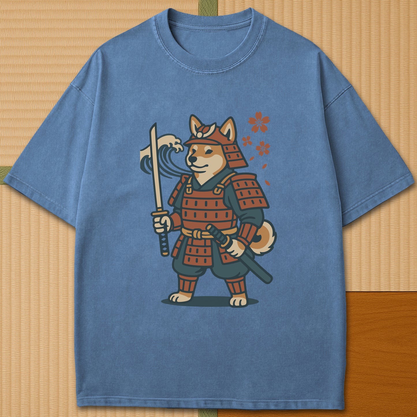 Japanese-inspired cotton Samurai Shiba Spirit T-Shirt in Blue Jean on Comfort Colors 1717, styled in a modern flatlay scene.