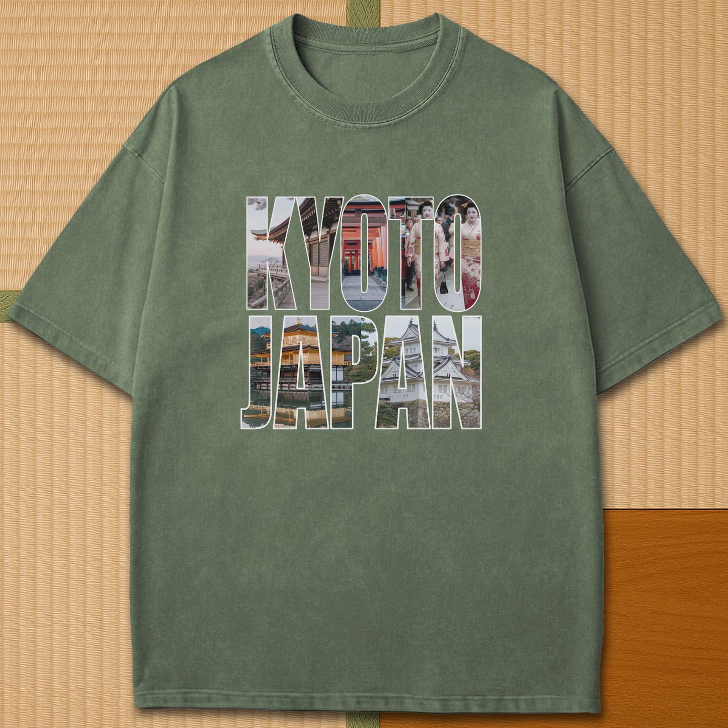 Japanese-inspired cotton Kyoto T-Shirt in Moss on Comfort Colors 1717, styled in a modern flatlay scene.