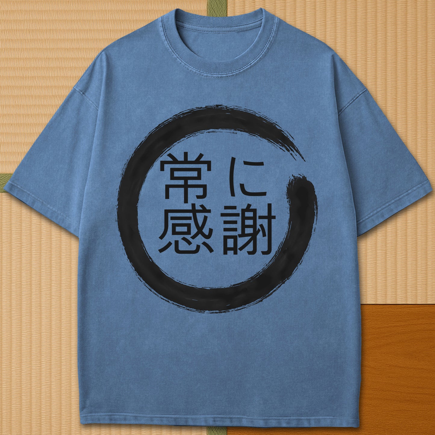 Japanese-inspired cotton Always Thankful T-Shirt in Blue Jean on Comfort Colors 1717, styled in a modern flatlay scene.
