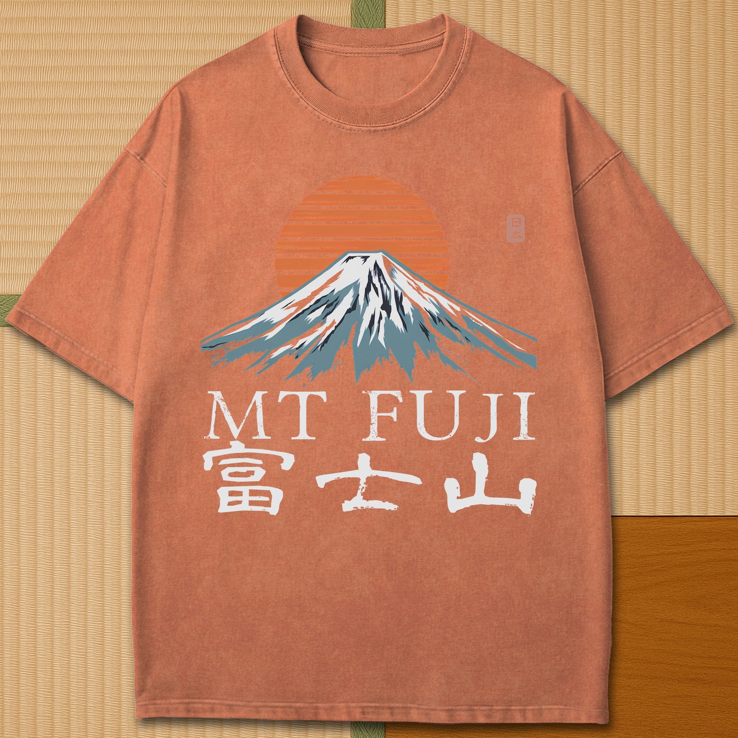 Japanese-inspired cotton Mt Fuji T-Shirt in Yam on Comfort Colors 1717, styled in a modern flatlay scene.