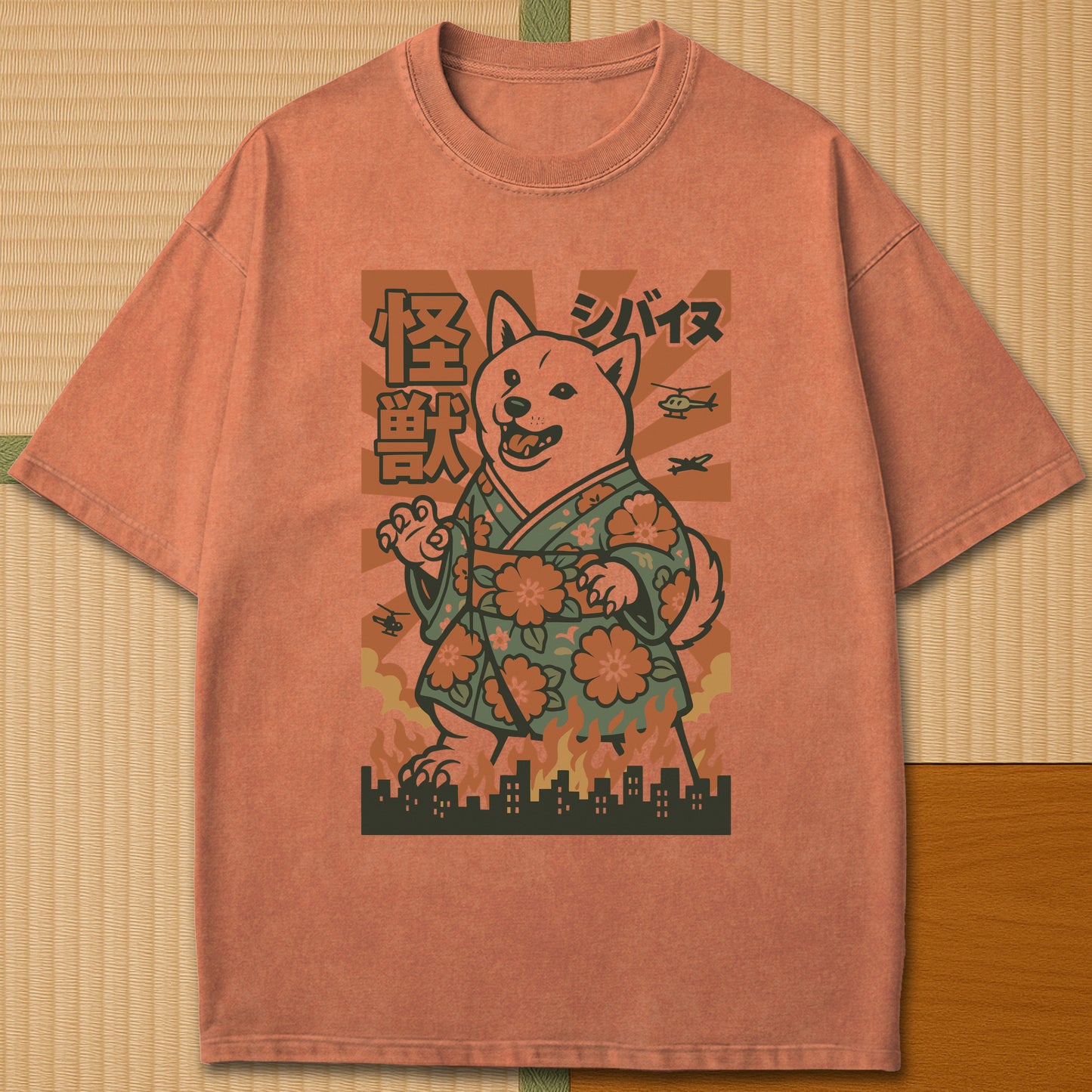 Japanese-inspired cotton Kimono Kaiju Shiba T-Shirt in Yam on Comfort Colors 1717, styled in a modern flatlay scene.