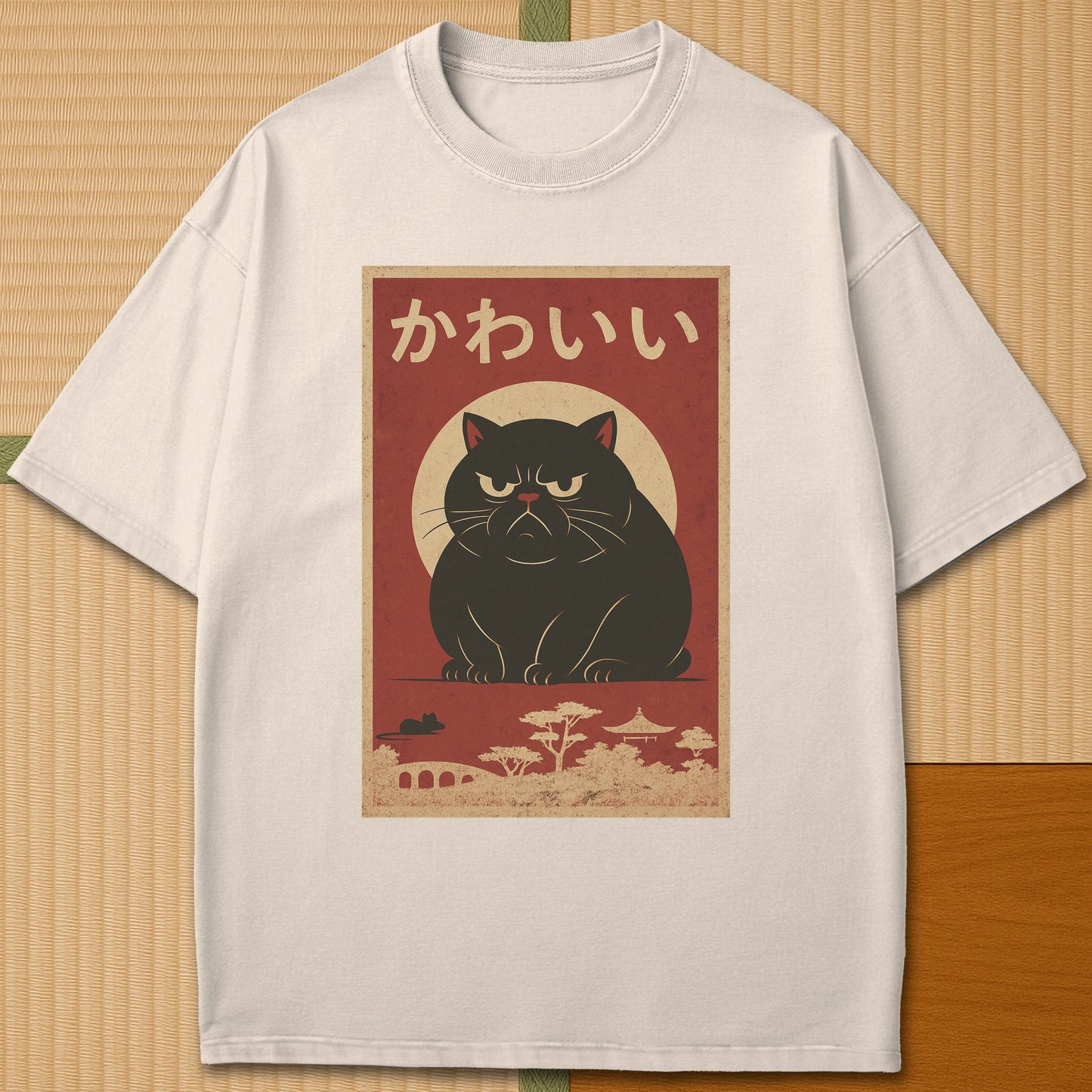 Japanese-inspired cotton Kawaii Rage Cat T-Shirt in Ivory on Comfort Colors 1717, styled in a modern flatlay scene.