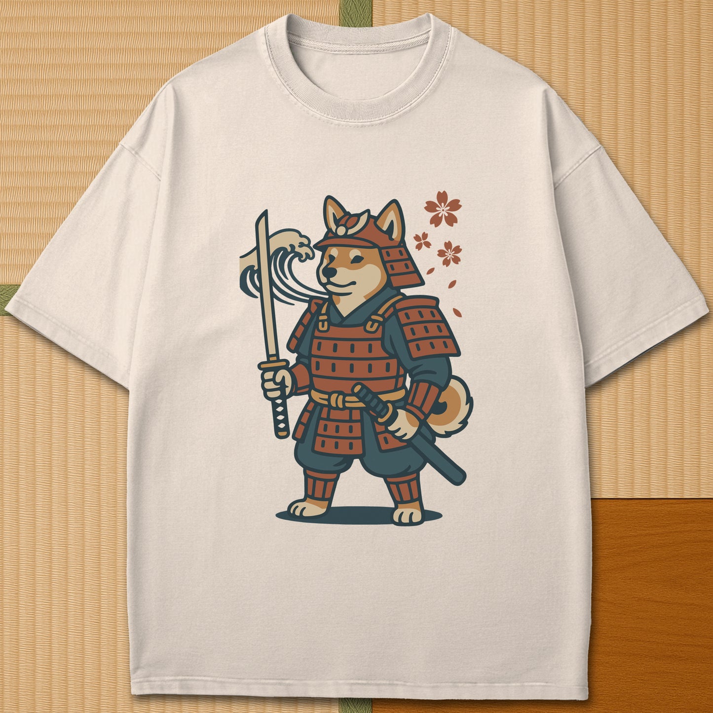 Japanese-inspired cotton Samurai Shiba Spirit T-Shirt in Ivory on Comfort Colors 1717, styled in a modern flatlay scene.