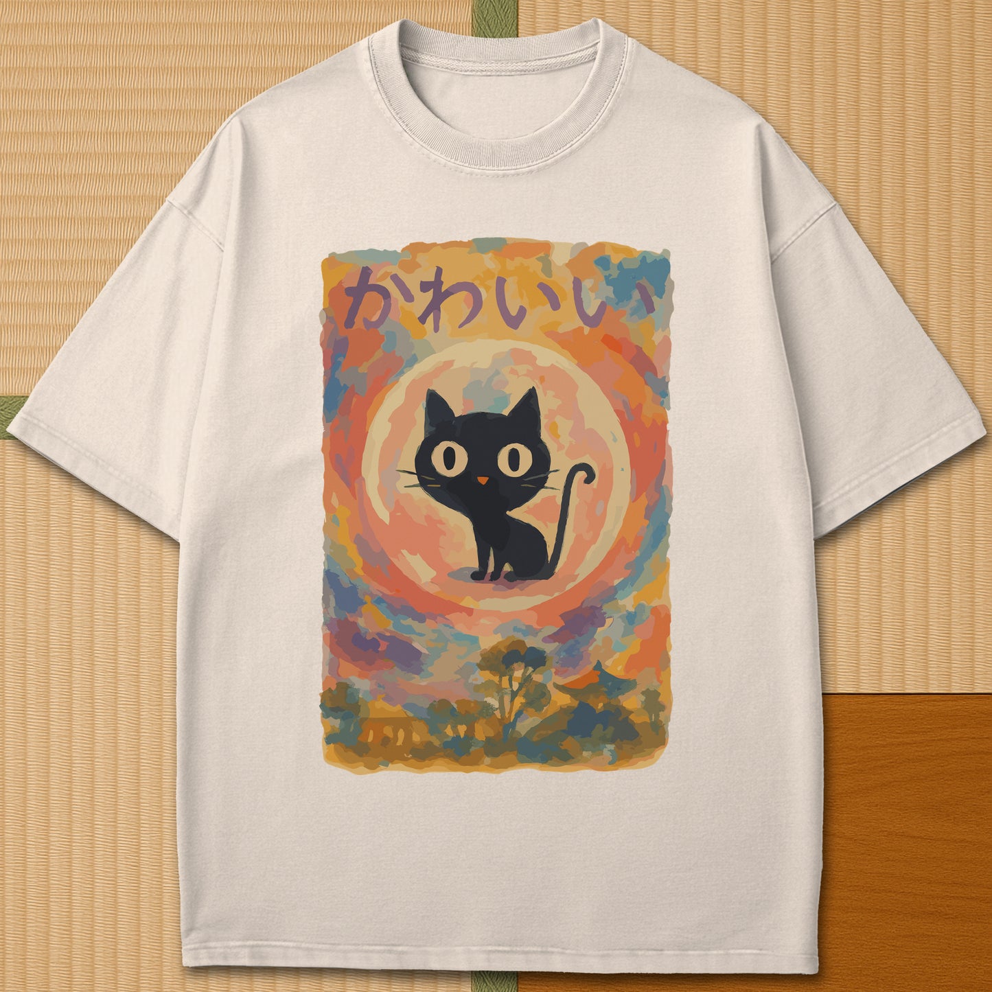 Japanese-inspired cotton Abstract Kawaii Cat Dreamscape T-Shirt in Ivory on Comfort Colors 1717, styled in a modern flatlay scene.