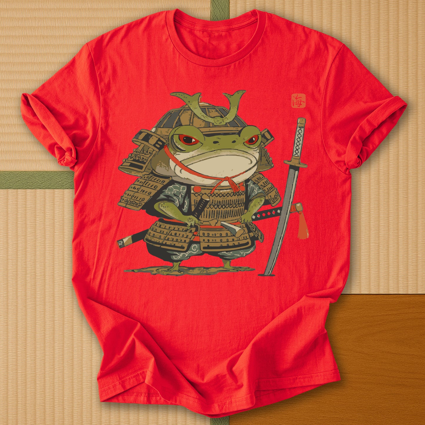 Japanese-inspired cotton Anime Frog Samurai T-Shirt in Red on Gildan 64000, styled in a modern flatlay scene