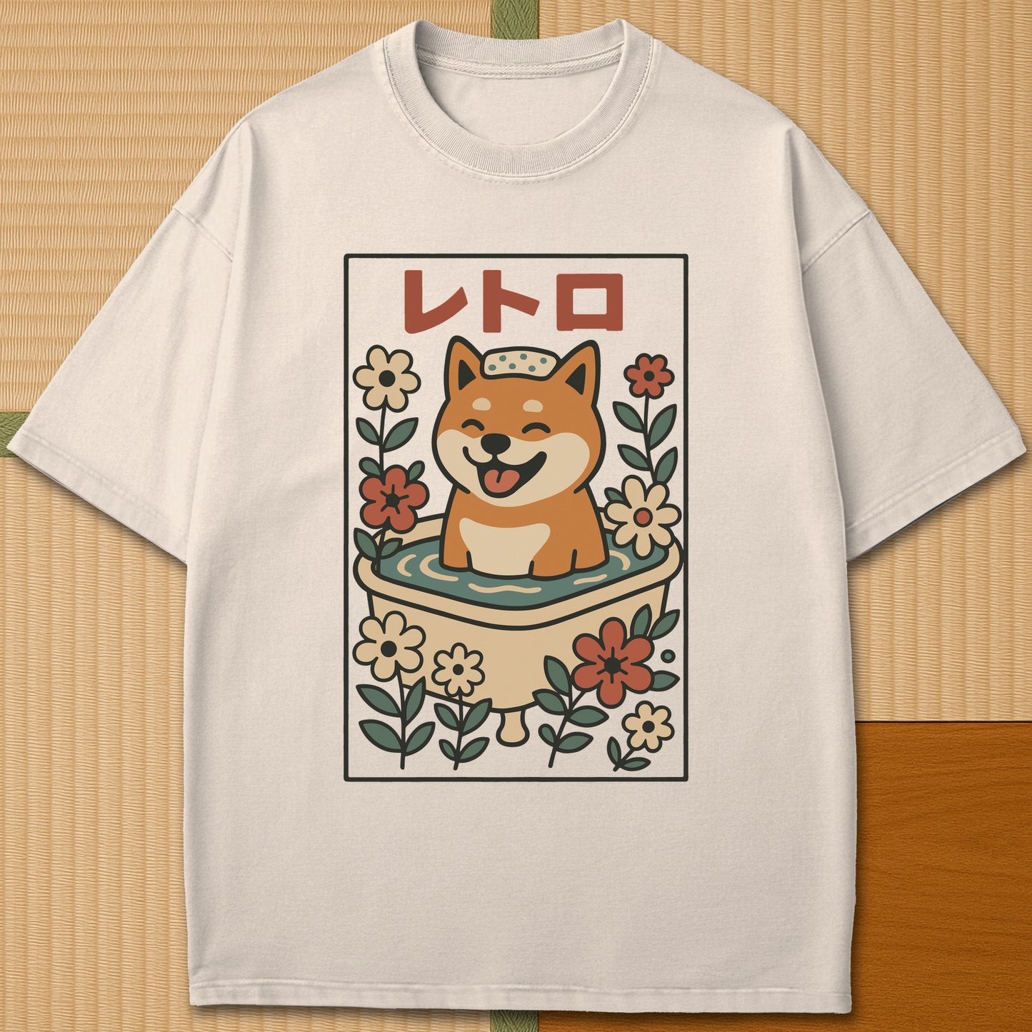 Japanese-inspired cotton Shiba Bath Time Bliss T-Shirt in Ivory on Comfort Colors 1717, styled in a modern flatlay scene.