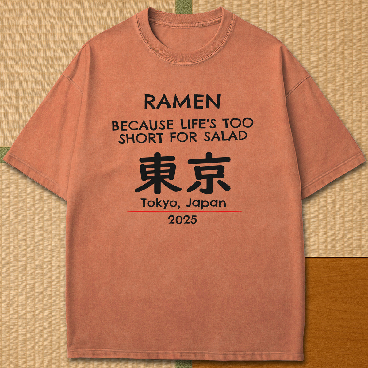 Japanese-inspired cotton Ramen Tokyo T-Shirt in Yam on Comfort Colors 1717, styled in a modern flatlay scene.