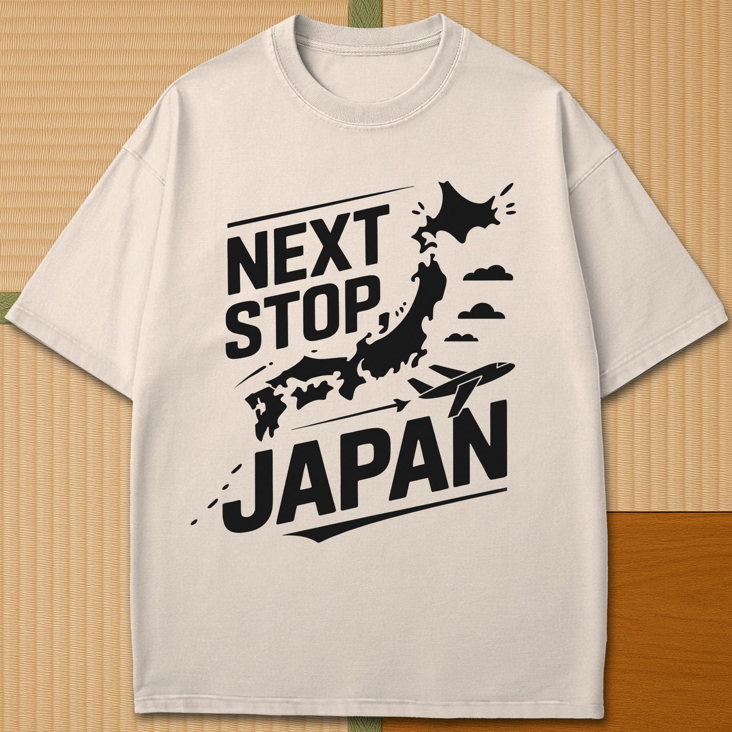 Japanese-inspired cotton Next Stop Japan T-Shirt in Ivory on Comfort Colors 1717, styled in a modern flatlay scene.