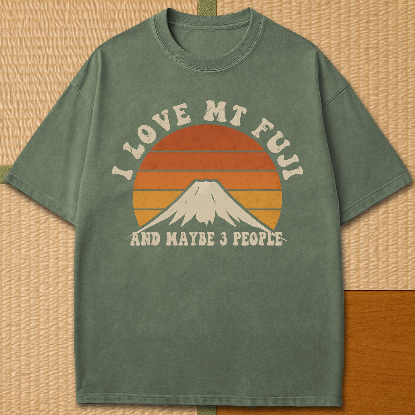 Japanese-inspired cotton Retro Mt Fuji Love T-Shirt in Moss on Comfort Colors 1717, styled in a modern flatlay scene.
