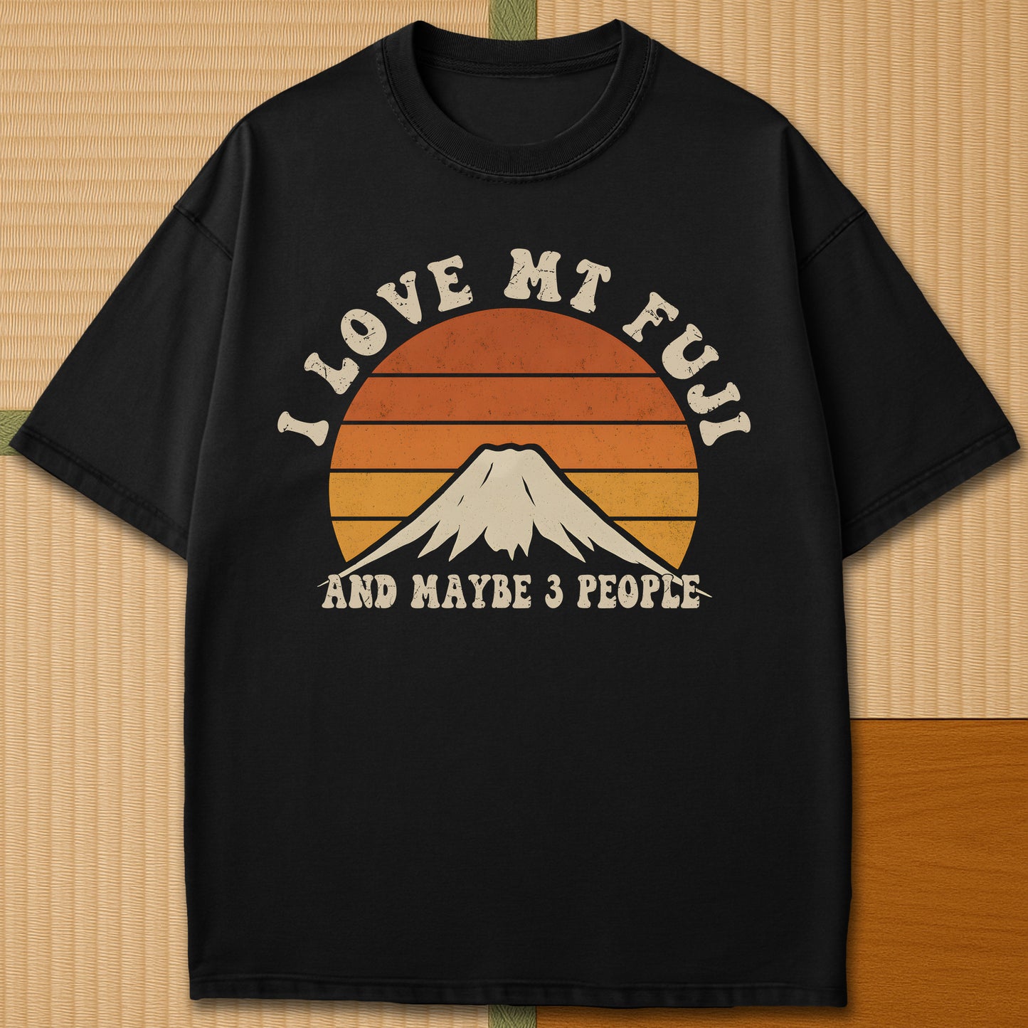 Japanese-inspired cotton Retro Mt Fuji Love T-Shirt in Black on Comfort Colors 1717, styled in a modern flatlay scene.