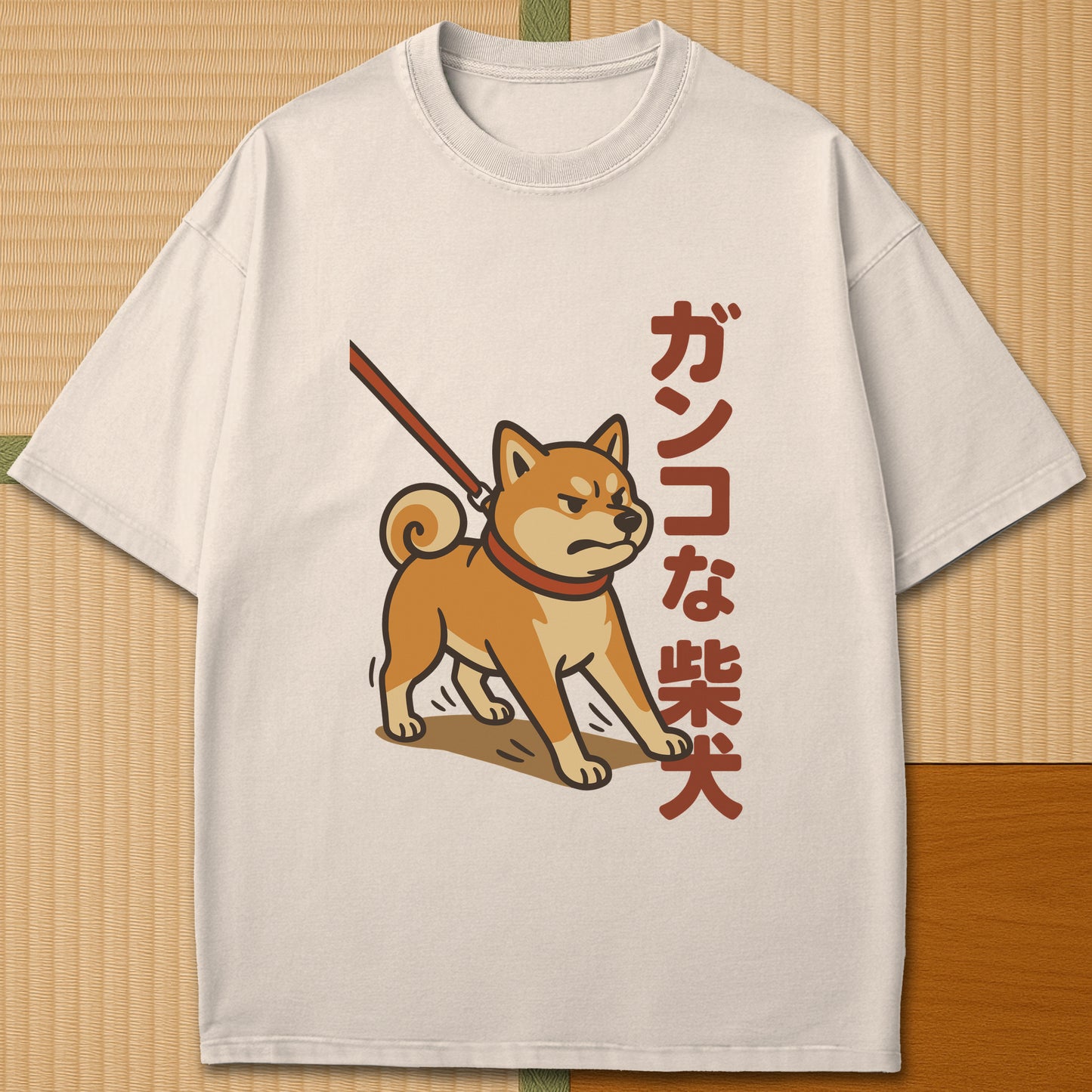Japanese-inspired cotton Stubborn Shiba T-Shirt in Ivory on Comfort Colors 1717, styled in a modern flatlay scene.