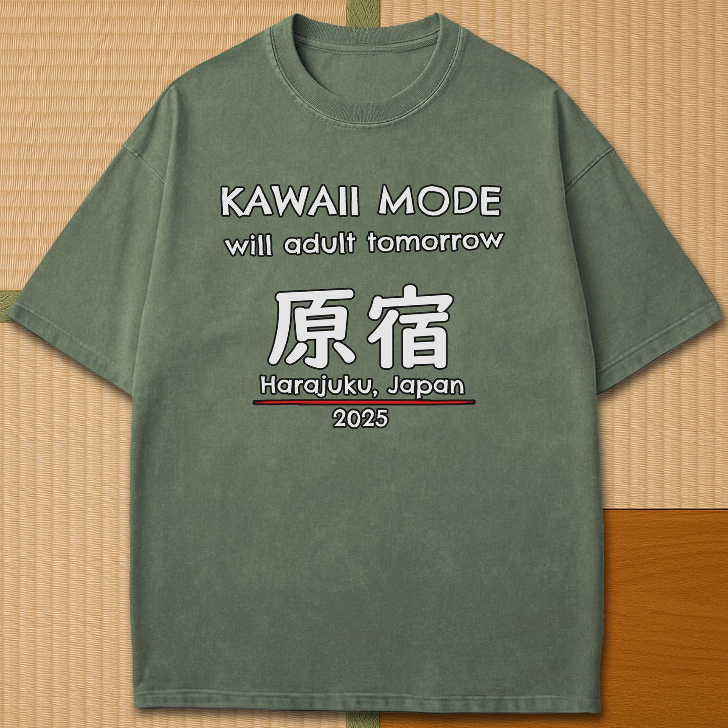 Japanese-inspired cotton Kawaii Harajuku T-Shirt in Moss on Comfort Colors 1717, styled in a modern flatlay scene.