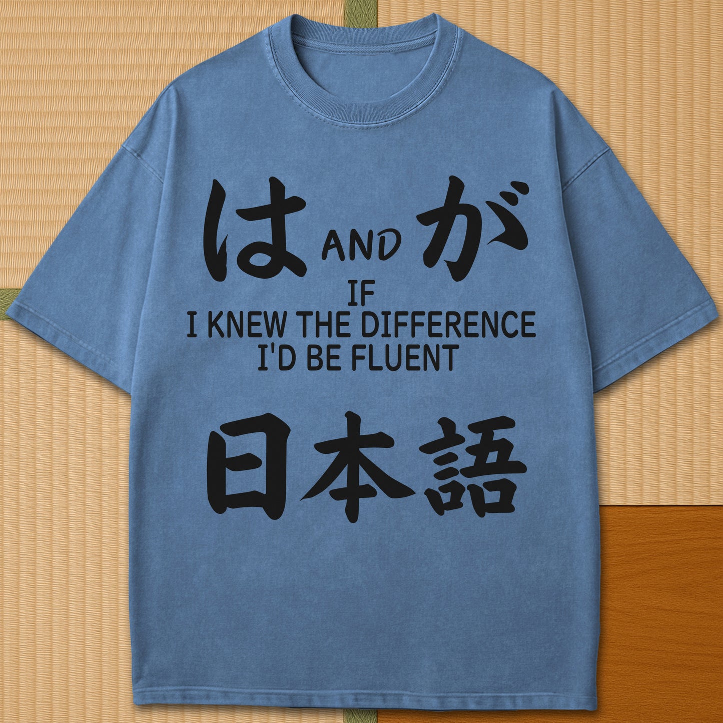 Japanese-inspired cotton Wa And Ga Japanese T-Shirt in Blue Jean on Comfort Colors 1717, styled in a modern flatlay scene.