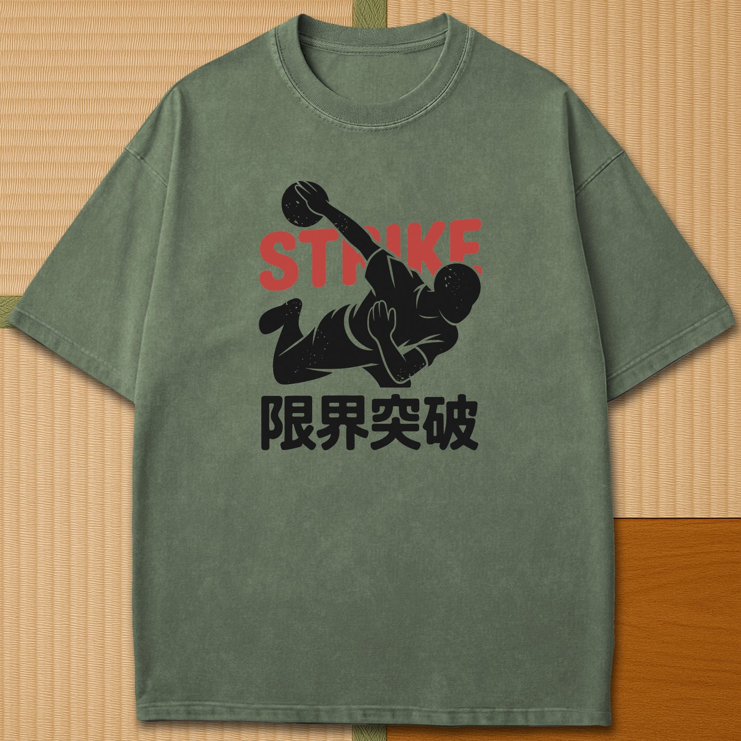 Japanese-inspired cotton Break Your Limits Retro Manga Bowling T-Shirt in Moss on Comfort Colors 1717, styled in a modern flatlay scene.