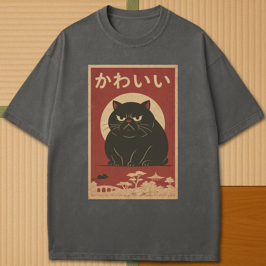 Japanese-inspired cotton Kawaii Rage Cat T-Shirt in Pepper on Comfort Colors 1717, styled in a modern flatlay scene.