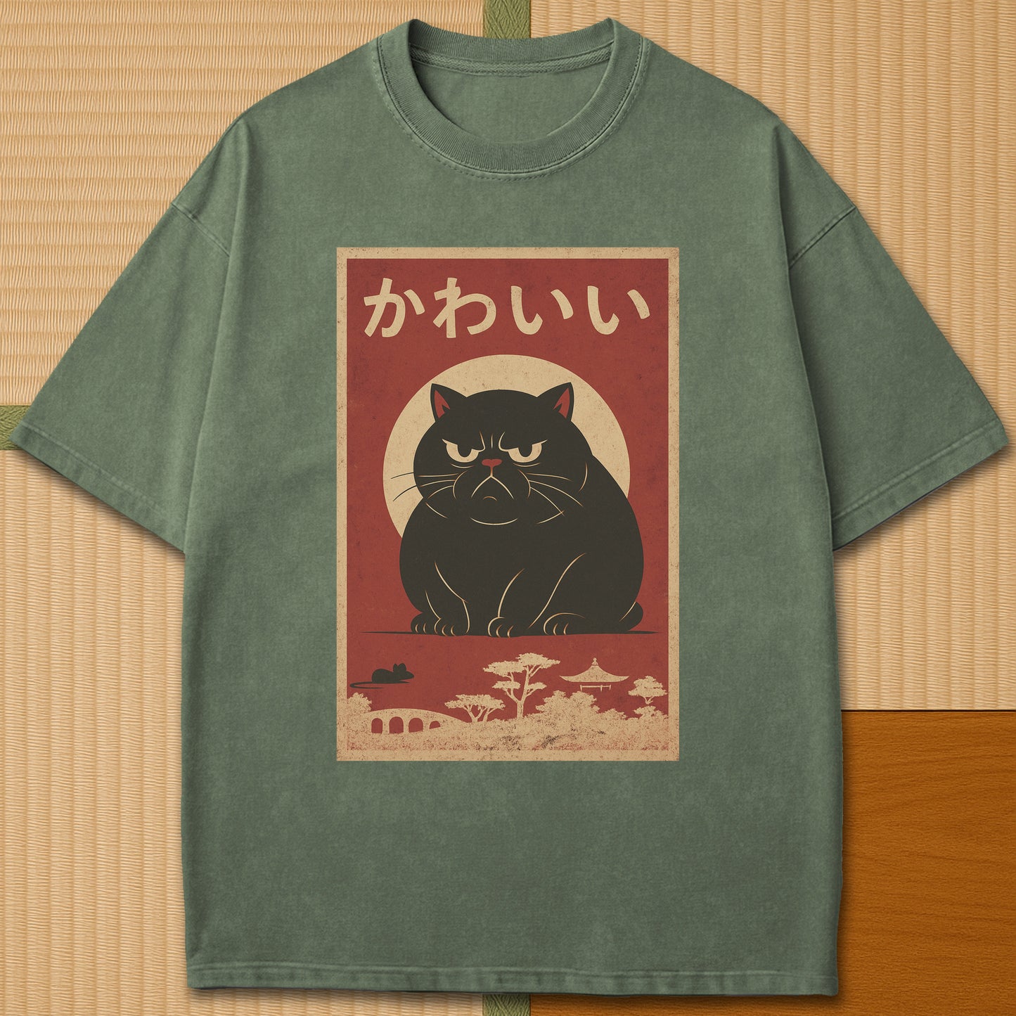 Japanese-inspired cotton Kawaii Rage Cat T-Shirt in Moss on Comfort Colors 1717, styled in a modern flatlay scene.