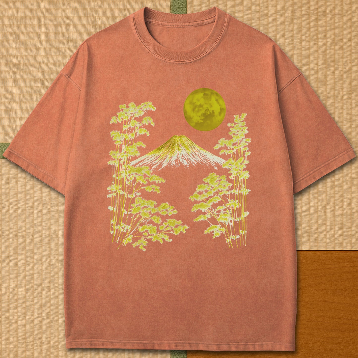 Japanese-inspired cotton Fuji Moonlight Line Art T-Shirt in Yam on Comfort Colors 1717, styled in a modern flatlay scene.