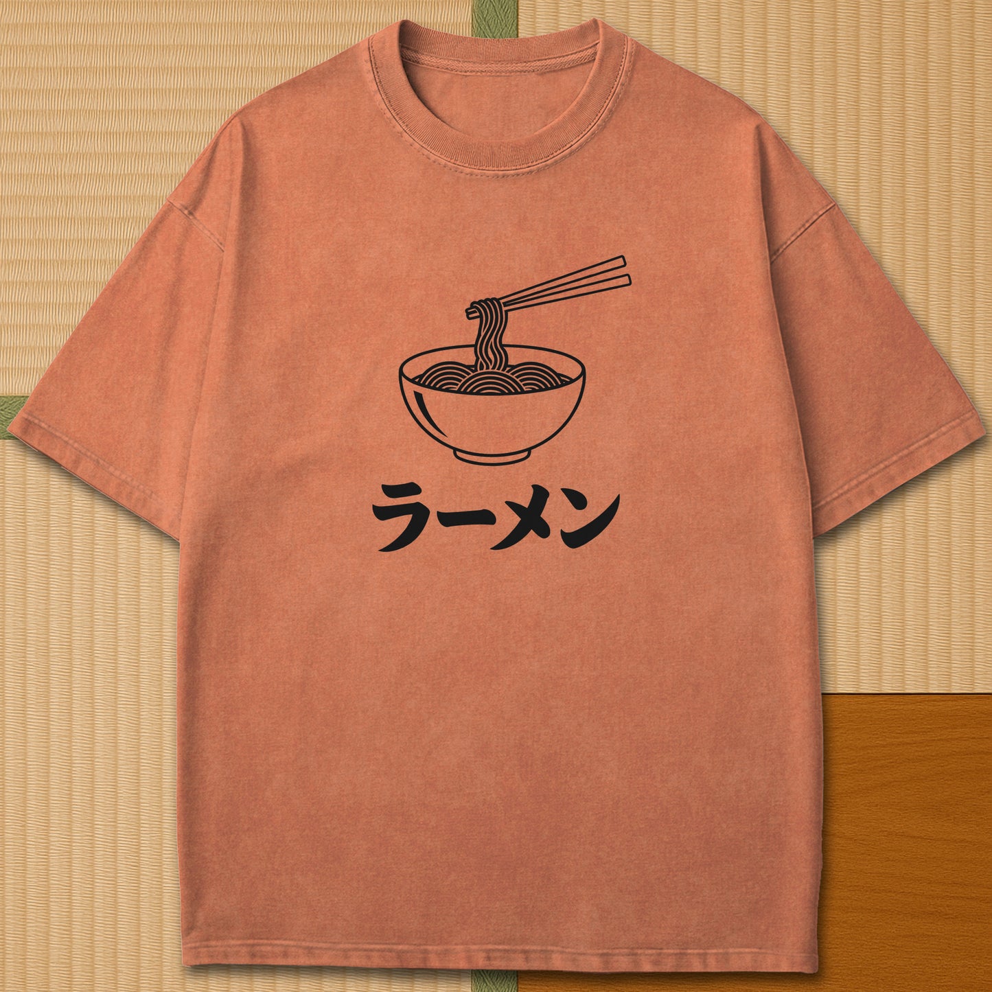 Japanese-inspired cotton Ramen Noodle Minimalist T-Shirt in Yam on Comfort Colors 1717, styled in a modern flatlay scene.