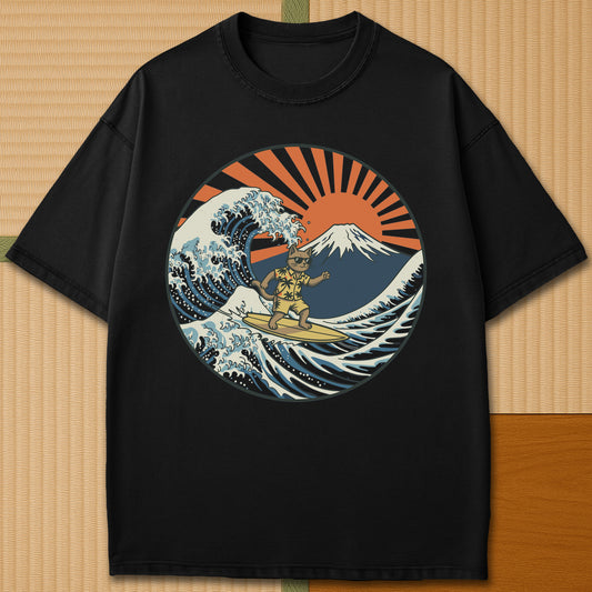 Japanese-inspired cotton Surfing Neko Retro Wave Cat Vs Mt Fuji Sunset T-Shirt in Black on Comfort Colors 1717, styled in a modern flatlay scene.