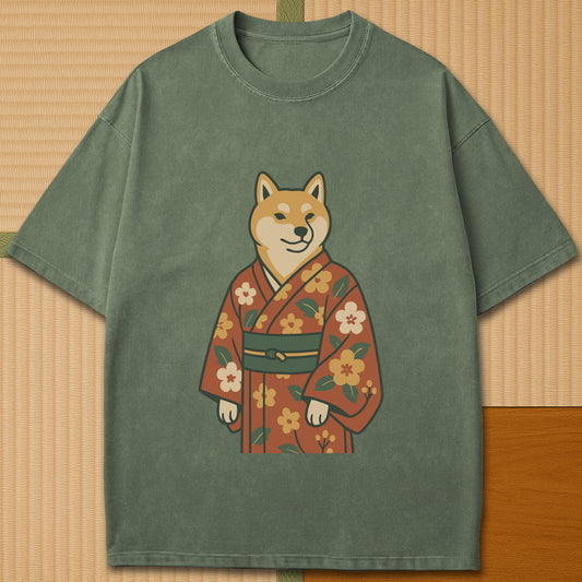Japanese-inspired cotton Nihon Spirit Shiba T-Shirt in Moss on Comfort Colors 1717, styled in a modern flatlay scene.