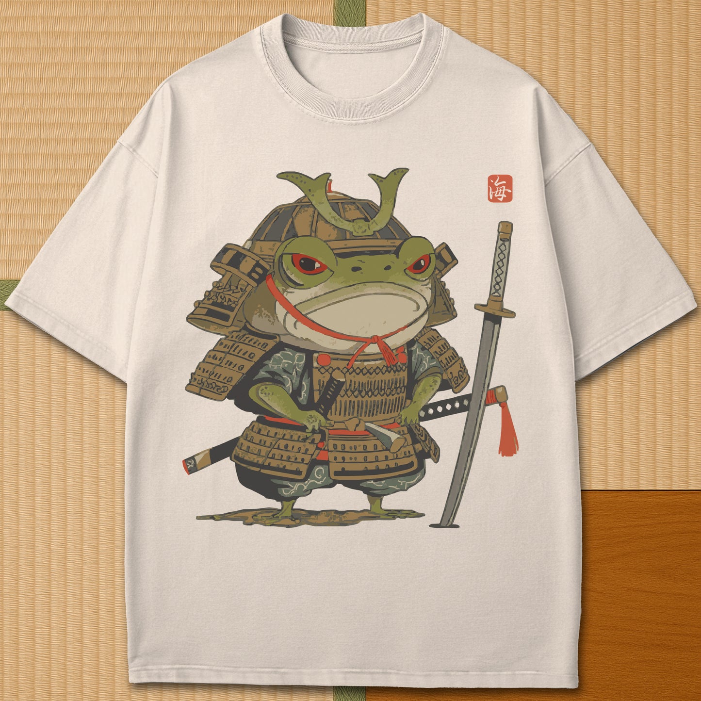 Japanese-inspired cotton Anime Frog Samurai T-Shirt in Ivory on Comfort Colors 1717, styled in a modern flatlay scene.